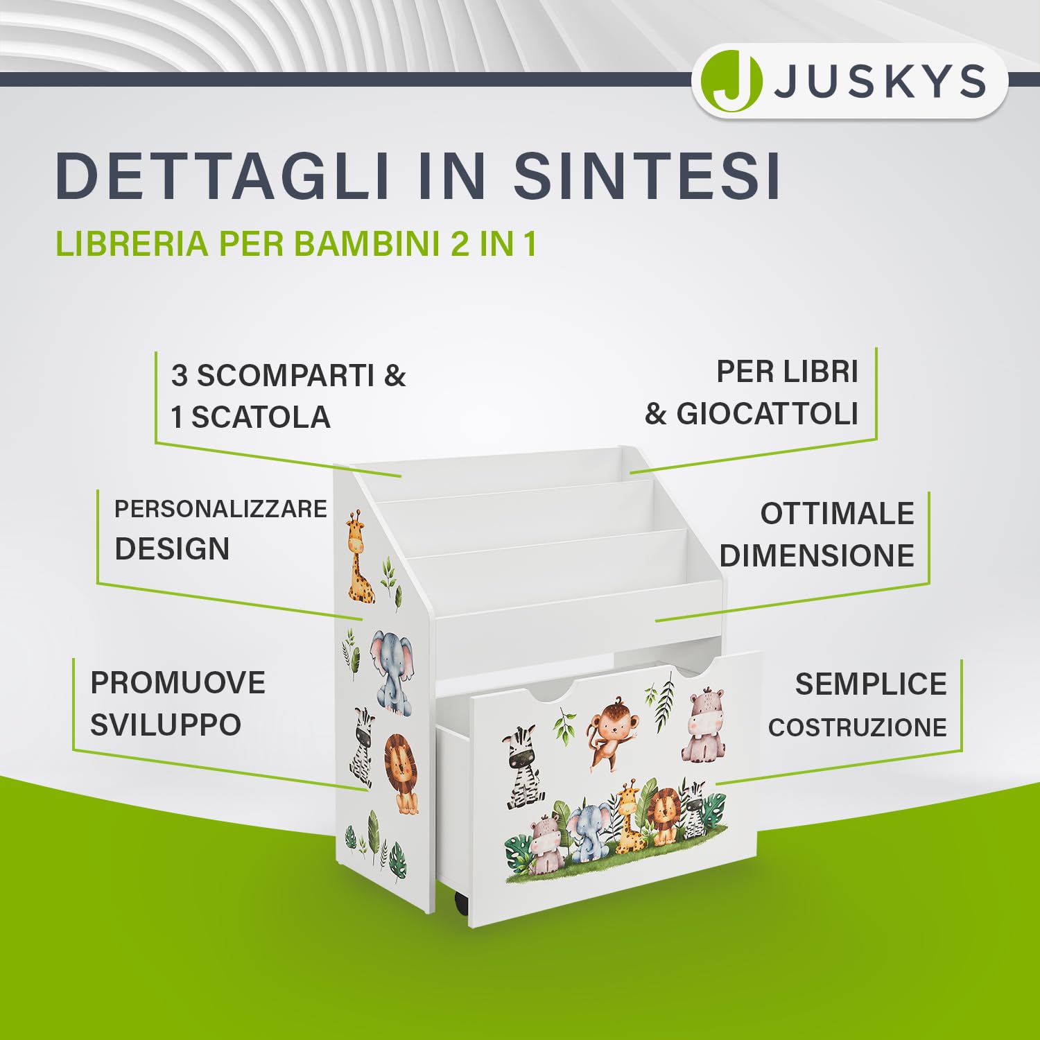 Juskys Libreria bambini con 3 scomparti e portagiochi - Scaffale legno bianco - 63x30x70 cm LPA - Organizzazione di libri e giocattoli in cameretta