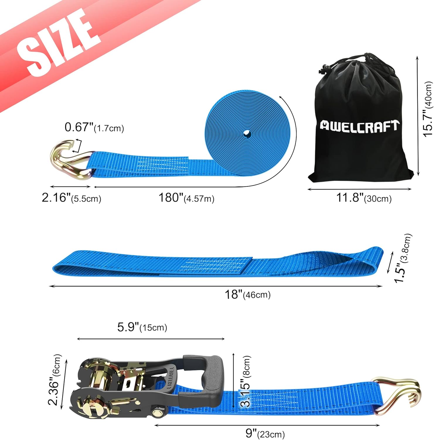 Ratchet Straps (4PK) - 4500lbs Breaking Strength 1.5''×15' Heavy Duty Tie Down Straps with Padded Handles, Double J Hooks & Soft Loops for Moving Motorcycle, Trailer & Trucks (Blue) - Image 5