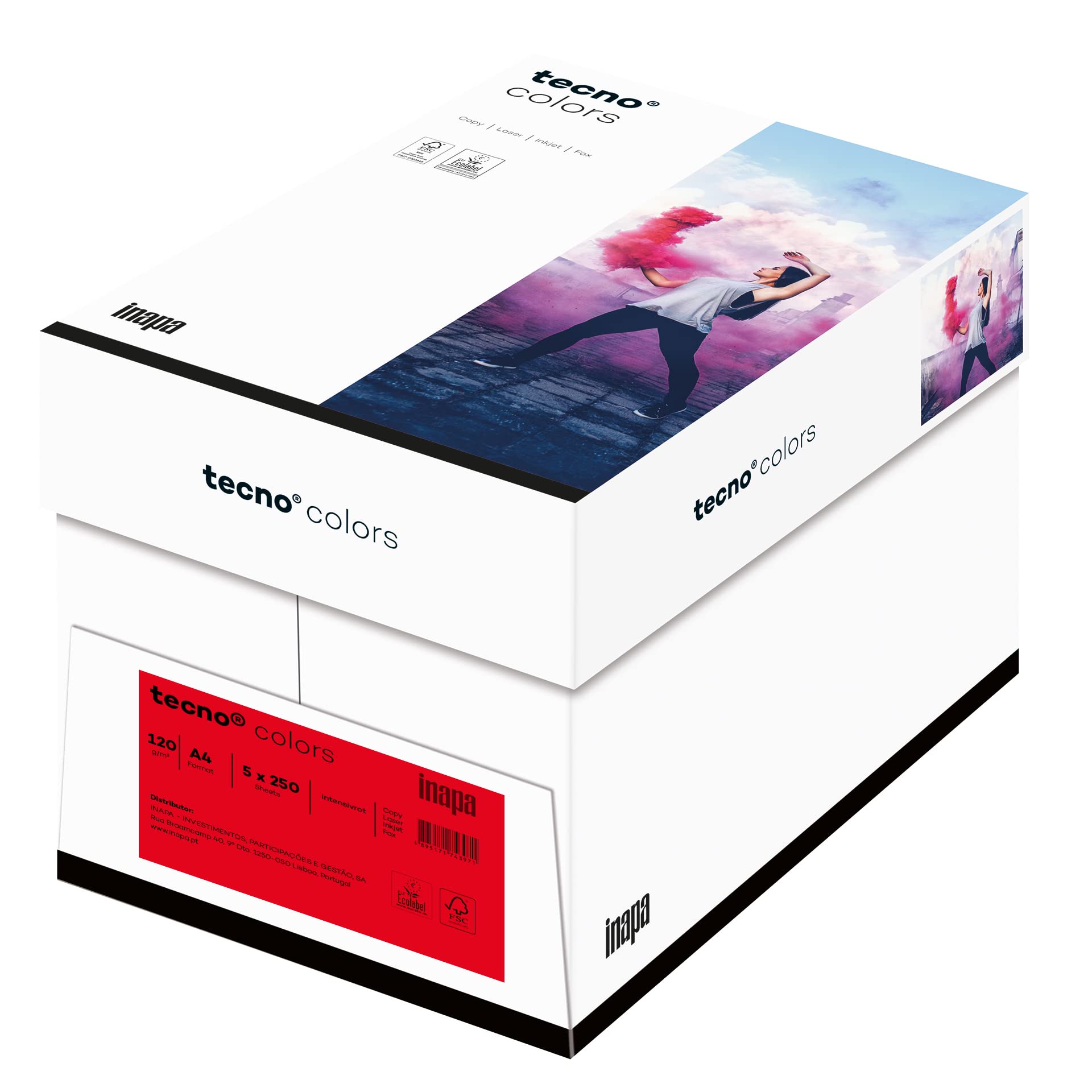 inapa farbiges Druckerpapier, buntes Papier tecno Colors: 120 g/m², A4, 1.250 Blatt (5x250), intensivrot
