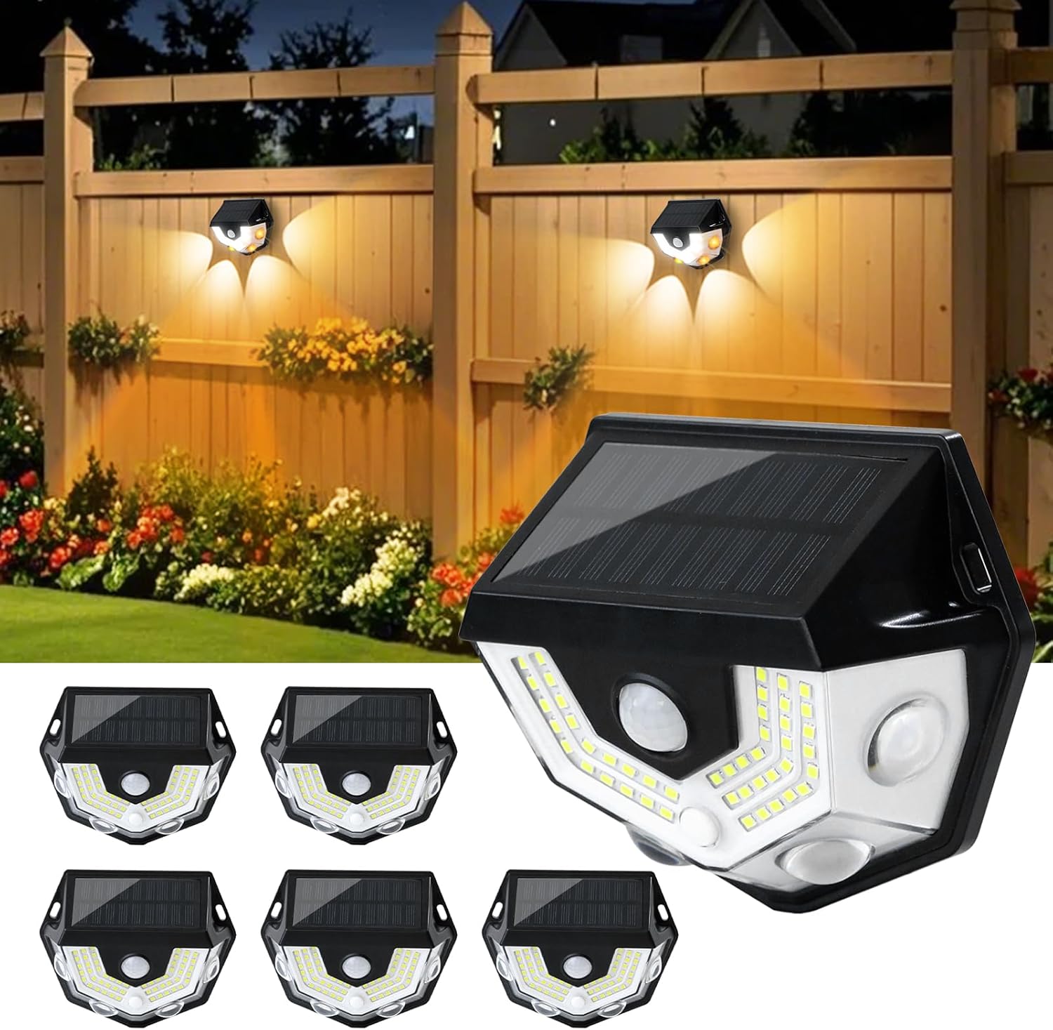 2-in-1 Solar Fence Lights, 270° Wide-Angle Illumination, Motion Sensor Outdoor Lights, 3 Modes, 54 LEDs White Light & 4 LEDs Warm Light, Dusk to Dawn Step Light for Yard, Pathway, Porch, 6 Pack