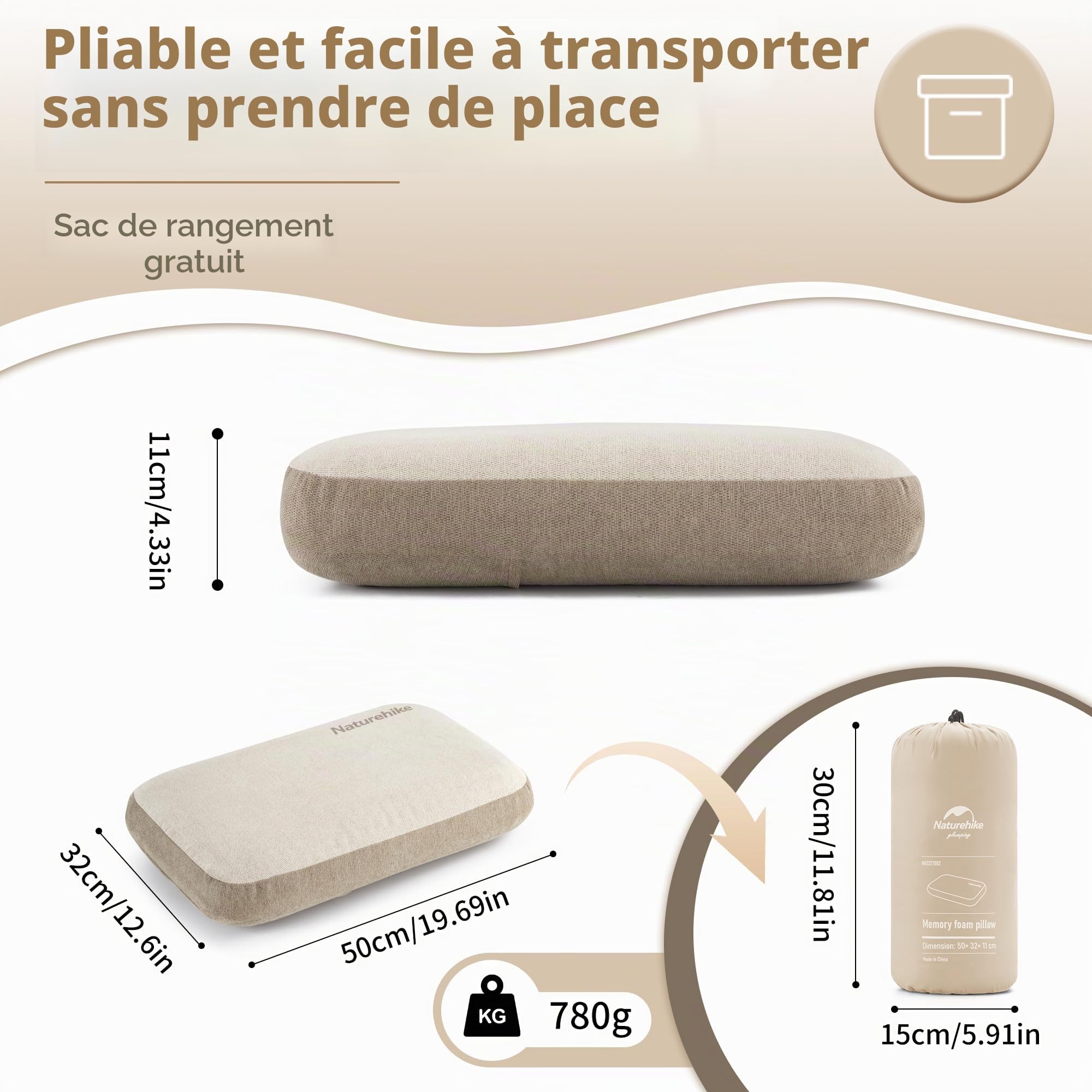 Naturehike Oreiller de Confort en Mousse à mémoire de Forme pour Le Cou Antibactérien Aide au Sommeil Antidérapant Housse Lavable Noyau Amovible Oreiller de Voyage pour Le Cou Oreiller de tête