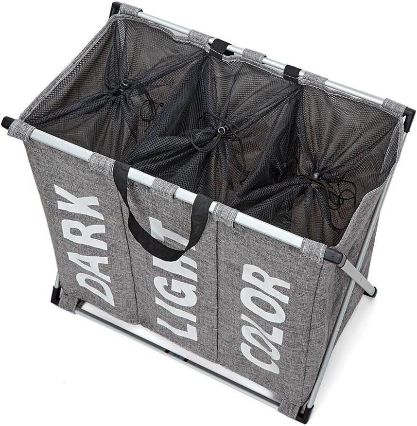 HOMEST Laundry Basket 3 Sections, Large Dirty Clothes Hamper Sorter for Bathroom, Foldable Hamper Divided, Dark Grey