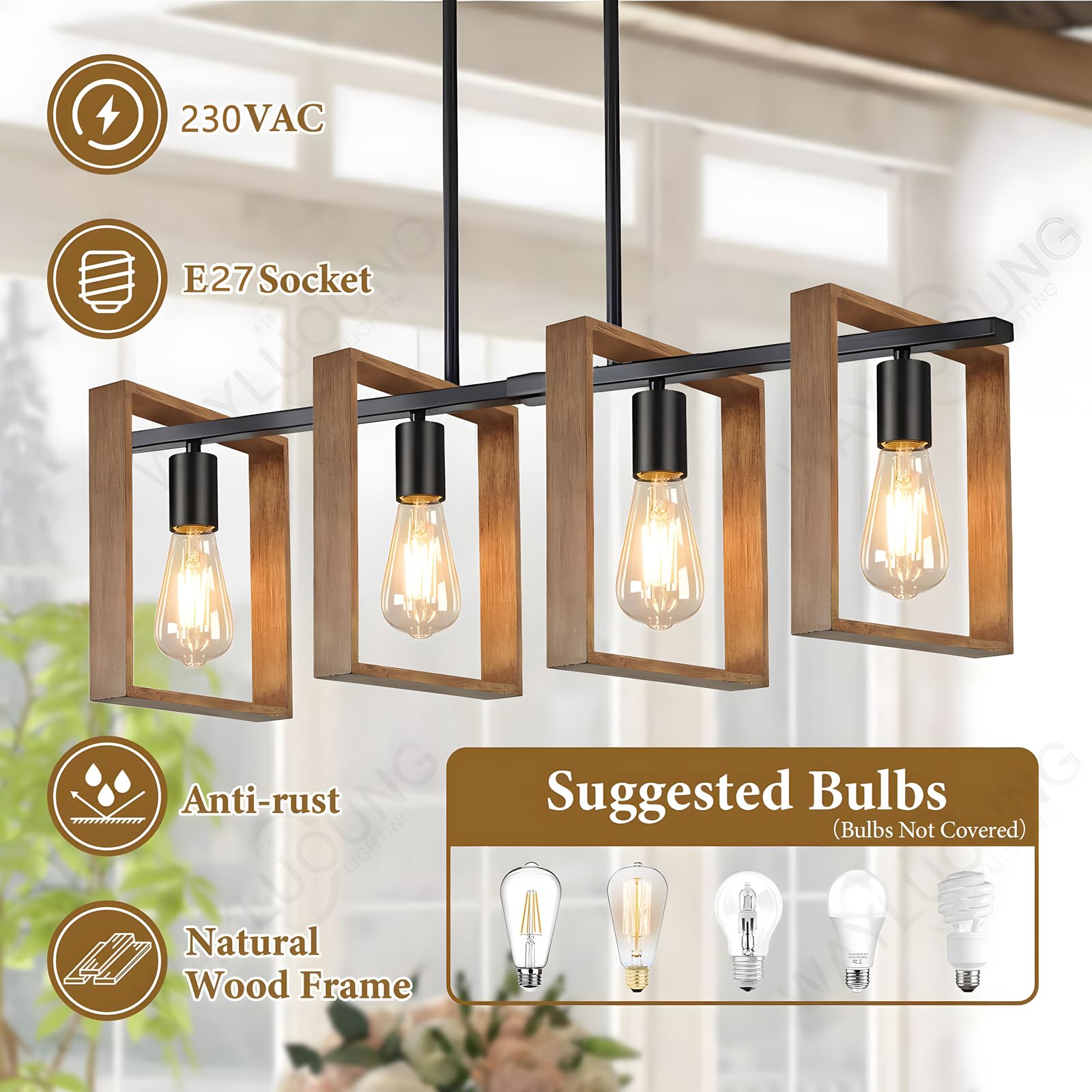 Iluminación De Isla De Cocina Negra, Lámpara De Comedor De 4 Luces De L80cm, De Altura Ajustable, Lámpara De Araña Con Marco De Madera, Cocina, Luces De Mesa De Billar, E27 (Bombillas No Incluidas)
