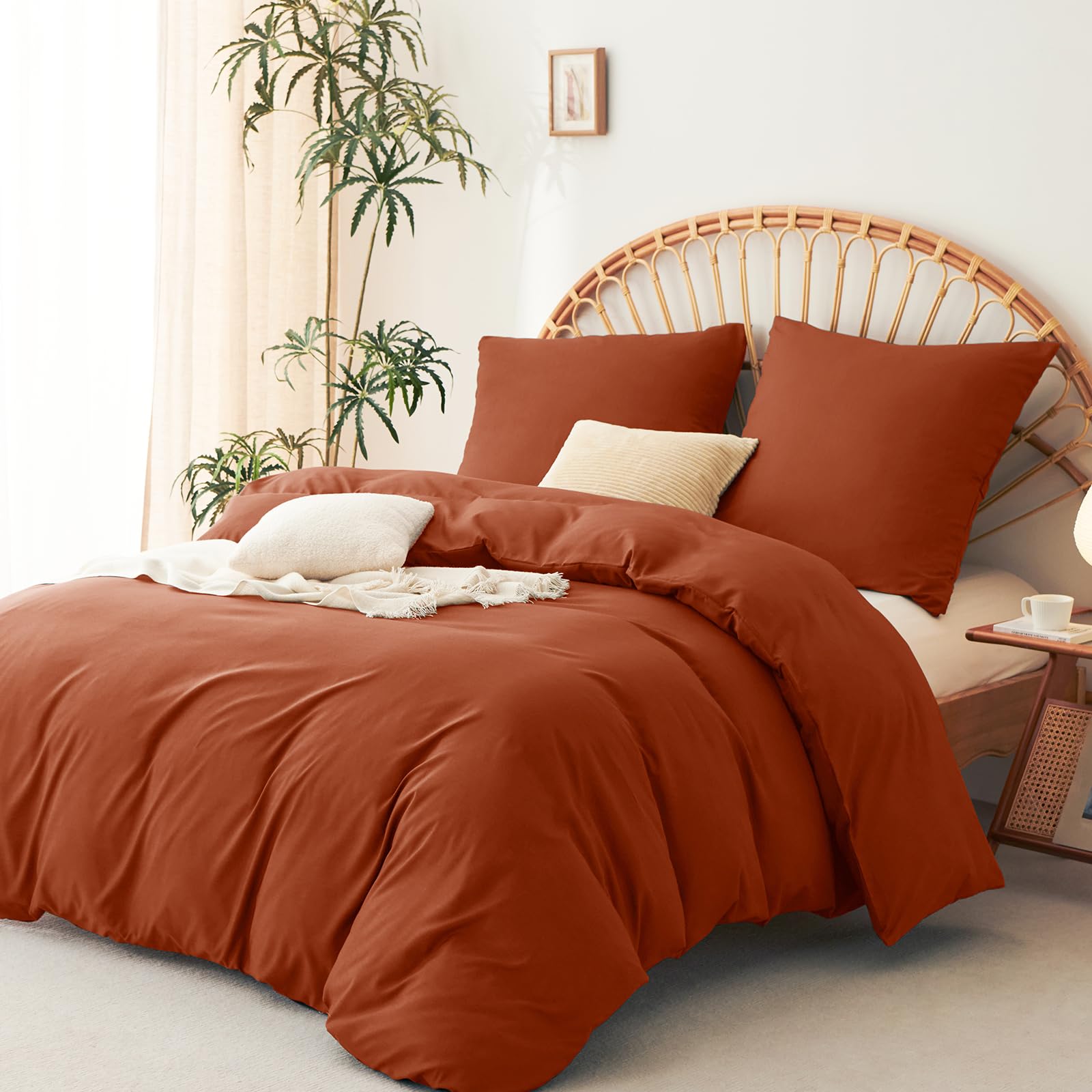 WAVVE Set di biancheria da letto 155 x 220 cm, 3 pezzi, terracotta, copripiumino 155 x 220 cm, 2 federe 80 x 80 cm, in microfibra con chiusura lampo