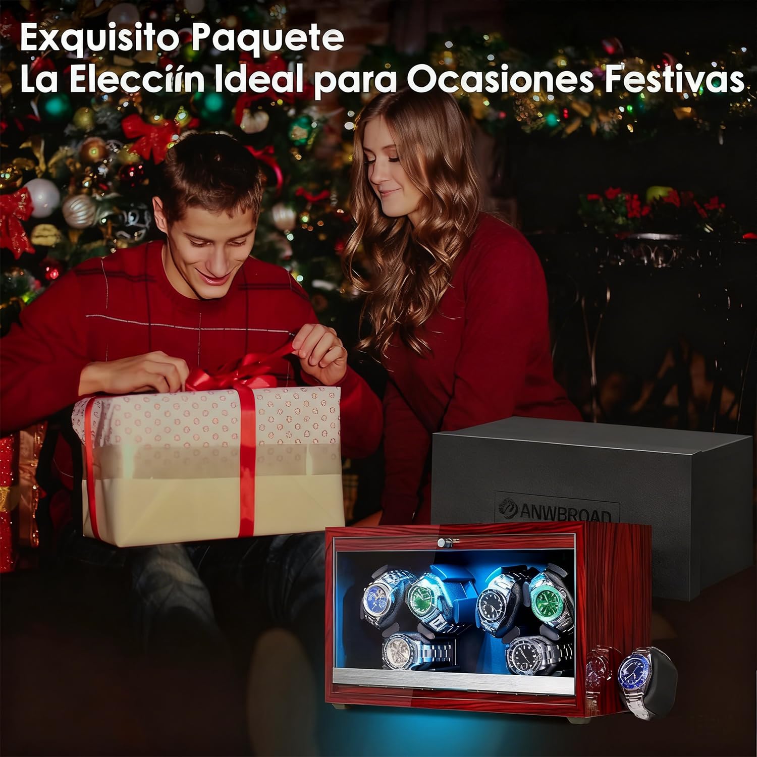 ANWBROAD Enrollador de reloj giratorio para 6 relojes con LED y motor súper silencioso, 4 modos de rotación, caja de bobinado, agitador con cable USB, regalo UJWW003Y