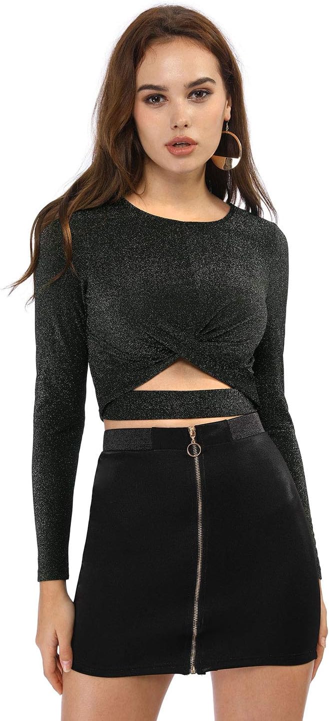 Allegra K Women's Glitter Top Twist Fitted Long Sleeve Cutout Party Cropped Sparkly Tops