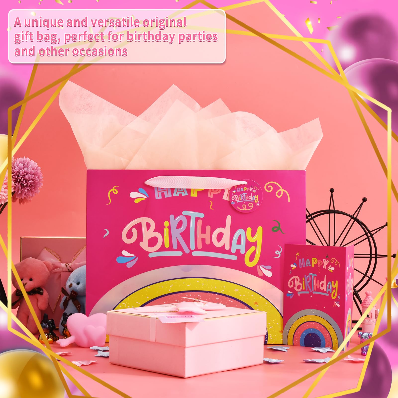 Grand Sac Cadeau D'anniversaire Arc-en-ciel De 33 Cm Avec Papier De Soie Et Carte De Vœux Pour Enfants, Fête Prénatale, Filles (rose, 1 Sac Cadeau Arc-en-ciel