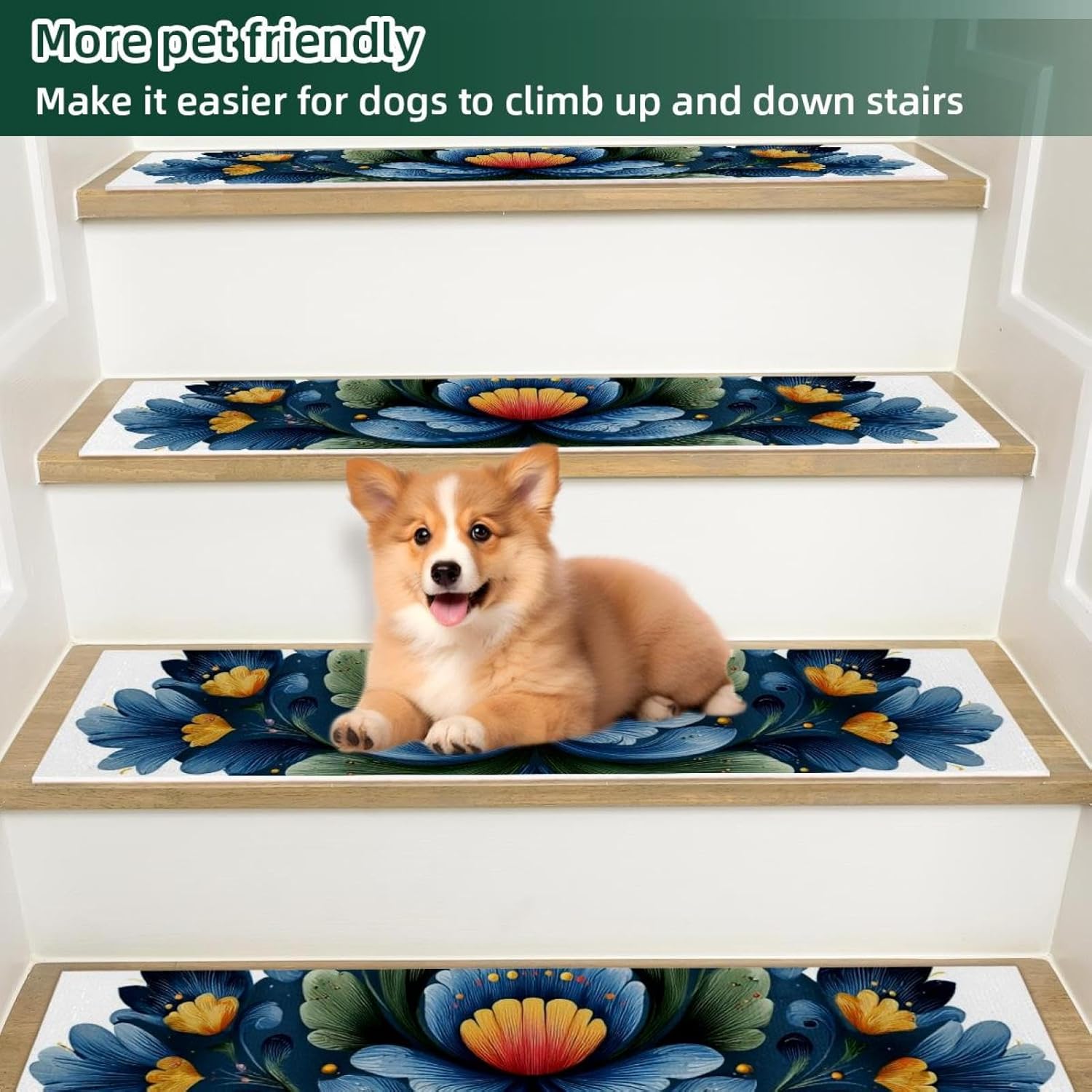 15 pcs Stair Treads 8"x30", Norwegian Rosemaling Folk Style Flower - 2025-11-19T153801.929 Indoor Stair Runners Carpet Stair Tread,Watercolor Non-Slip Staircase Step Treads for Kids,Elders,Pets