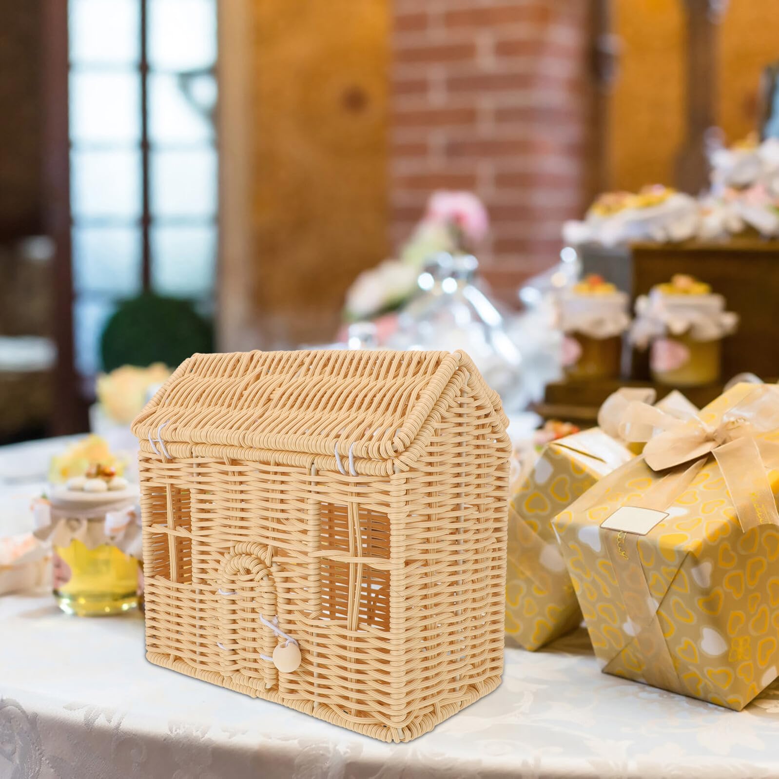 Healeved Cesta Navideña Tejida a Mano con Forma de Casita Color Beige Cesta para Dulces y Regalos con Asa para Fiestas y Almacenamiento Adecuado para Celebraciones Navideñas