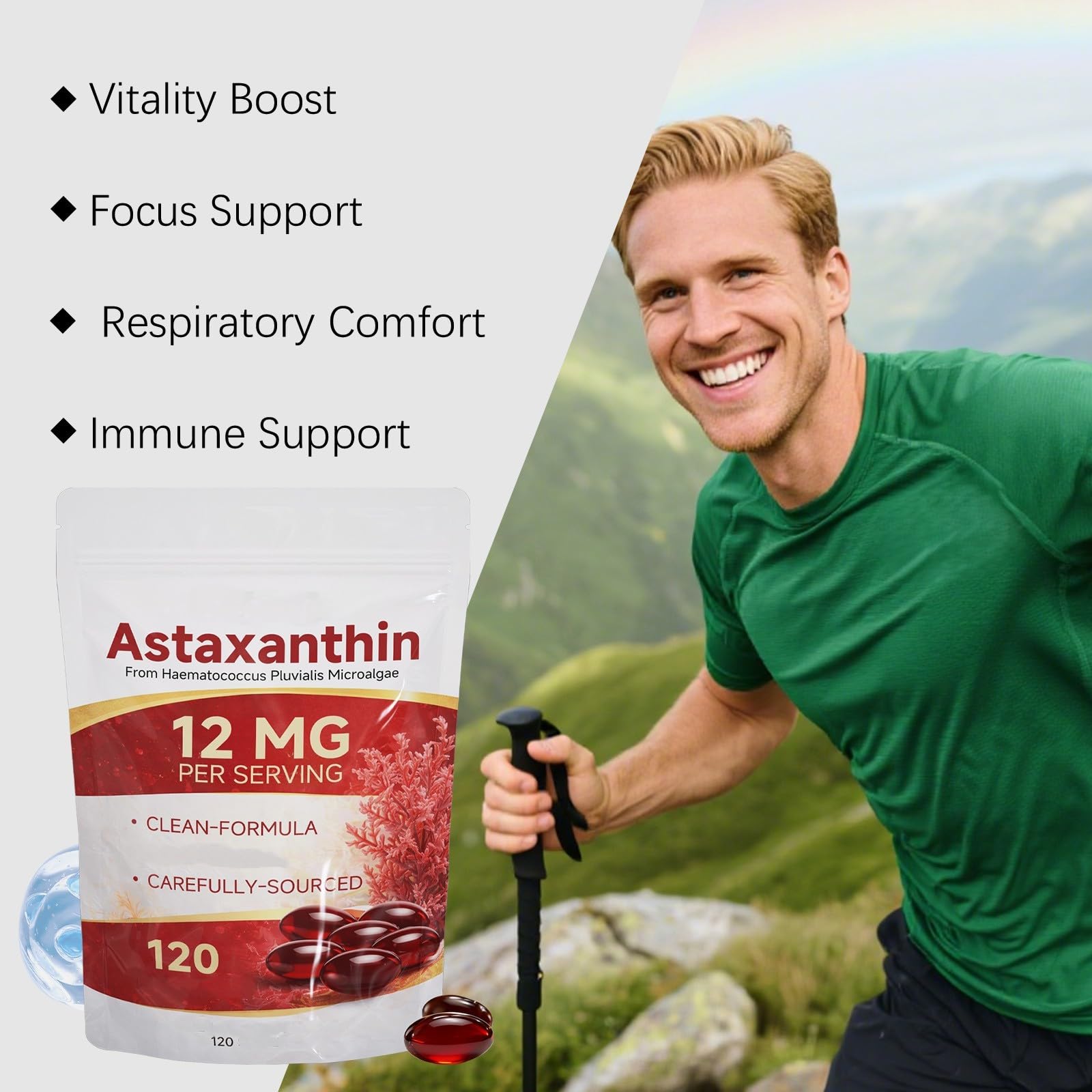 Astaxanthine 12mg| Source de microalgues fraîches | avec huile MCT | Soutiens immunitaires et cutanés | Sans OGM, sans gluten (120 unités),2Pcs
