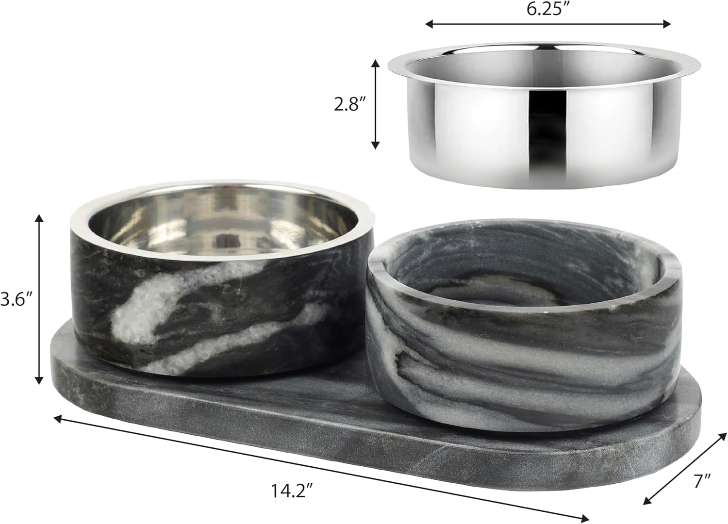DBL1000D Marbre Small/Medium Modern Weighted Double Marble and Stainless Steel Bowl 12oz (1.5 Cups) Feeder with Non-Slip Marble Tray Set, Black/White