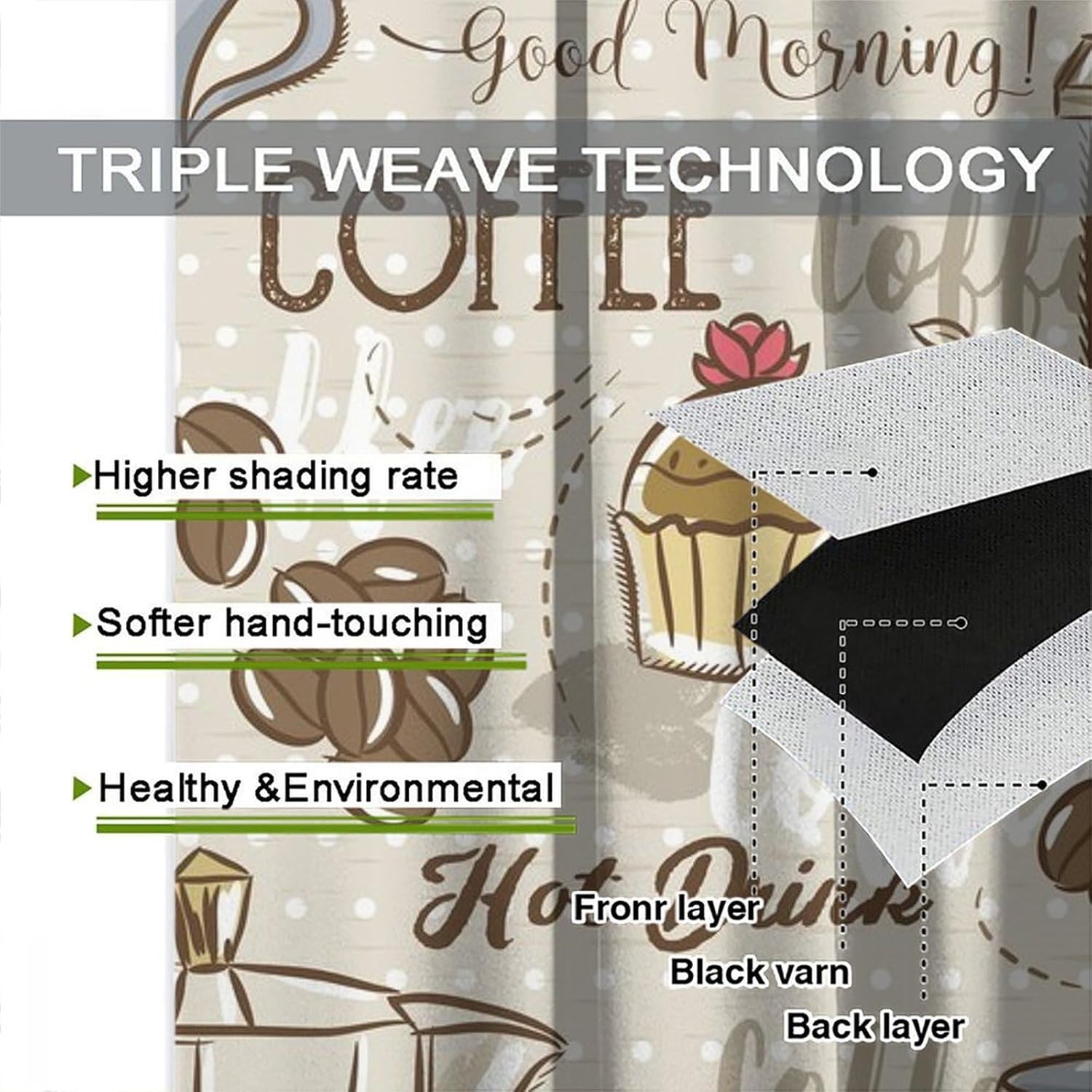 Coffee Curtains for Kitchen Window Treatments, Coffee Theme Latte Tea Cup Kitchen Curtains for Living Room Set 2 Panels 84 x 84 Inch