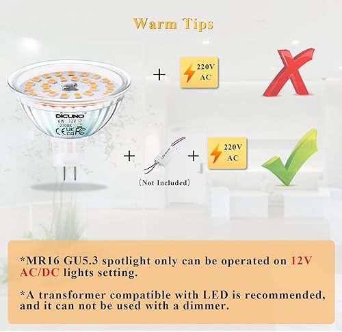 Miniatura 6 de DiCUNO Bombillas LED MR16 de 6 W, 750 lm 70 W equivalentes a halógenos, GU5.3 bombilla base bi-pin 2700 K, blanco cálido, 12 V no regulable ángulo