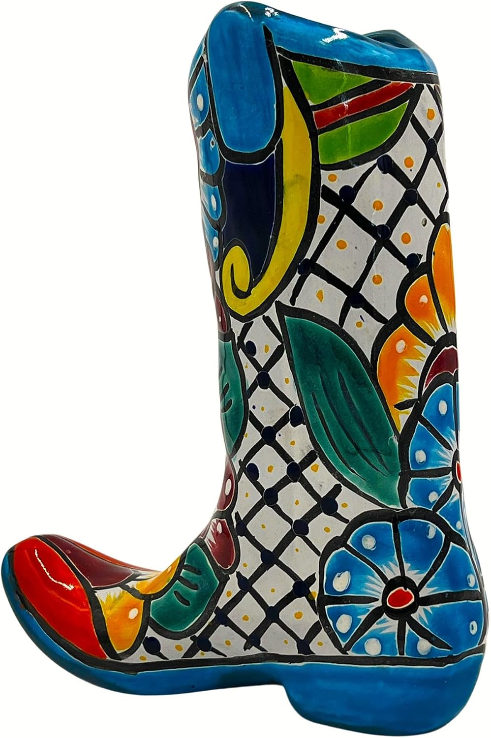Talavera Cowboy Boot Planter, Hand-Painted Mexican Ceramic Plant Pot, Indoor Outdoor Use with Drainage Hole, Rustic Terracotta Western Decor, 11 Inch, Light Blue Multicolor
