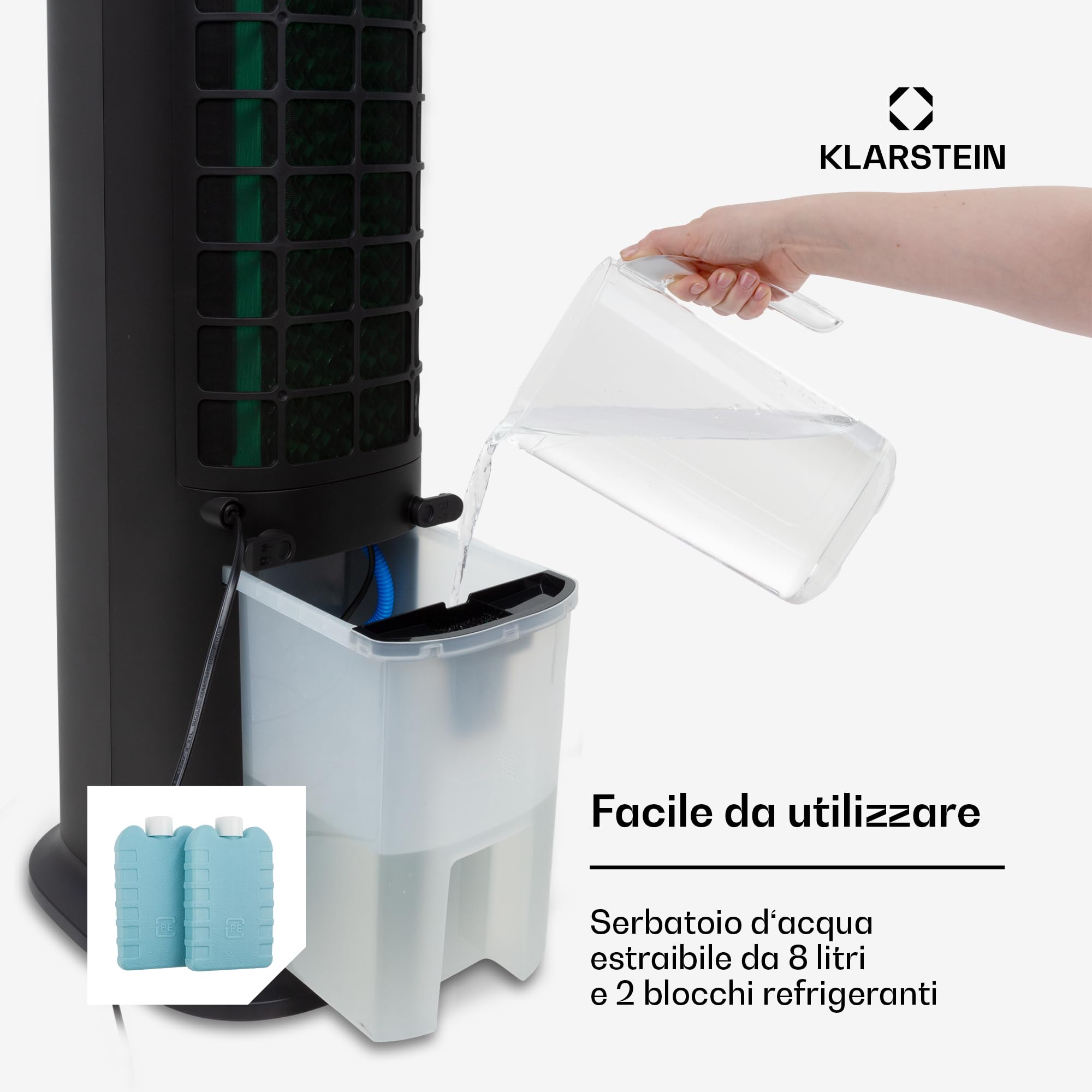 Klarstein Condizionatore Portatile Senza Tubo 80W, 5in1, Umidificatore, Climatizzatore Portatile Silenzioso con Night Mode, Ionizzatore, Ventilatore Aria Fredda, Raffrescatore 462m³/h, Serbatoio 8L