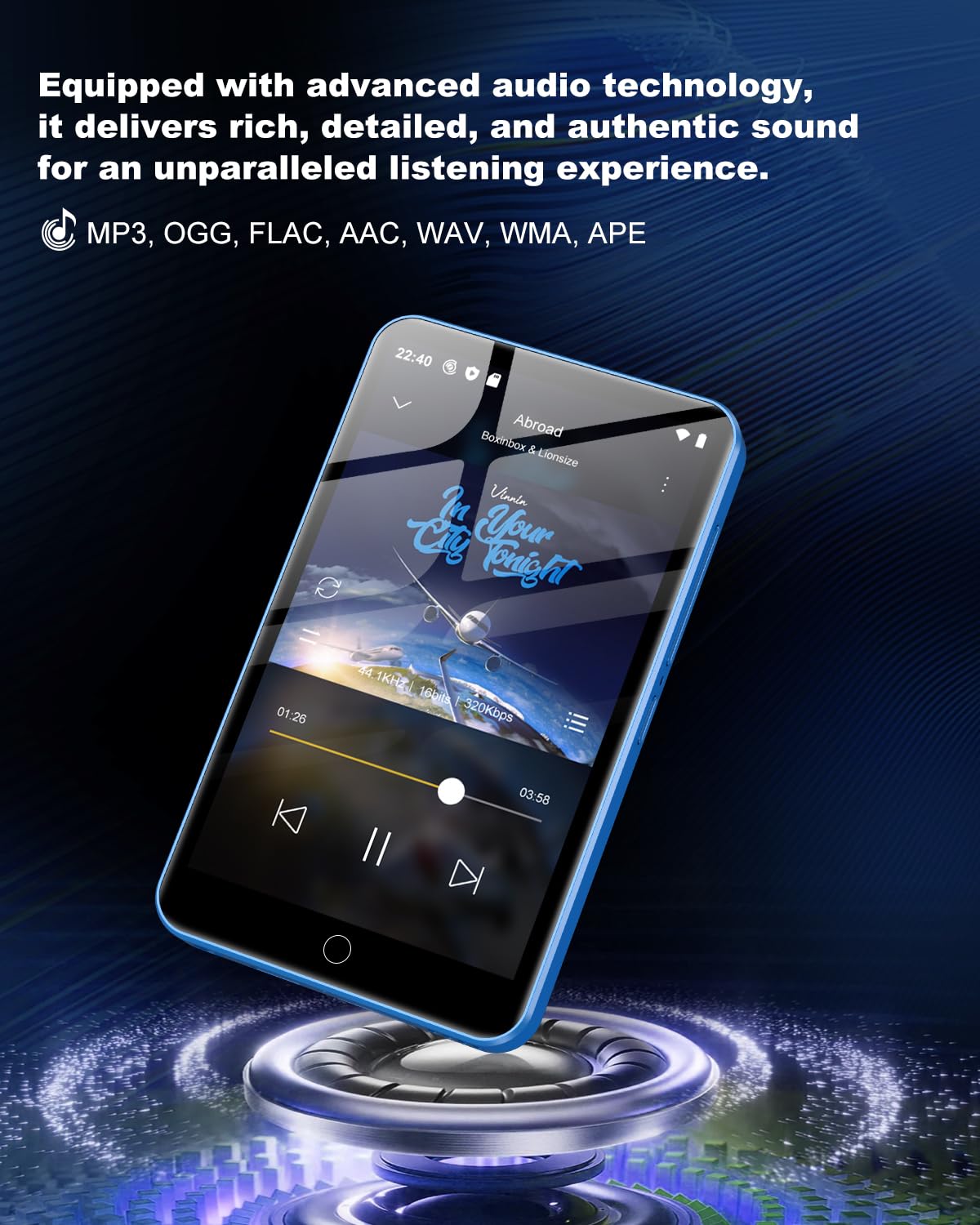 Lecteur MP3 80 Go avec Bluetooth et WiFi, écran Tactile 4 Pouces Lecteur MP3 pour Enfants Haut-Parleur intégré, Lecteur MP4 avec Spotify, Audible, Amazon Music, Deezer, Radio FM, jusqu'à 1To, Bleu