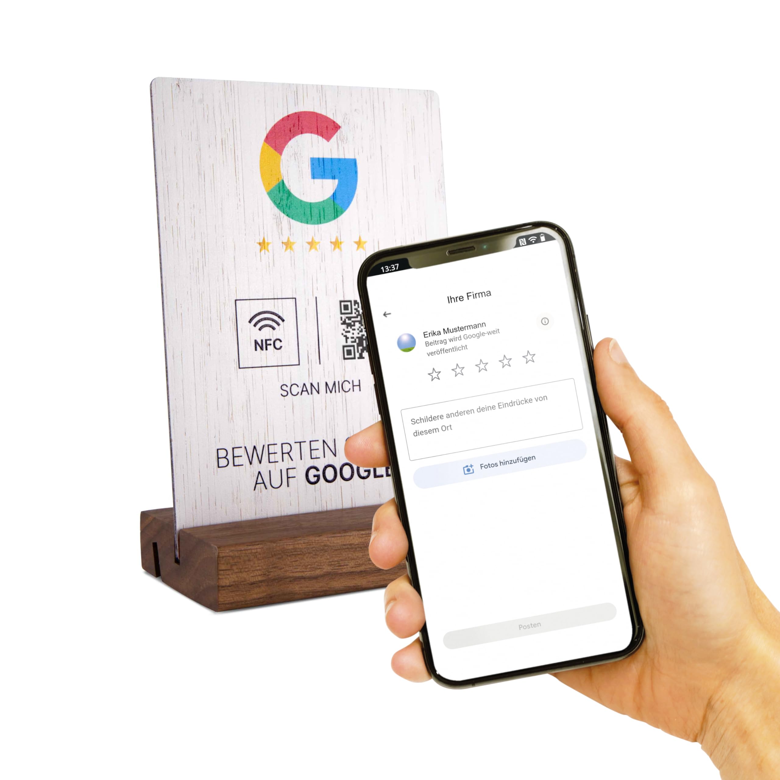 Google Bewertung NFC Schild Bambus 105 x 148 mm mit QR-Code