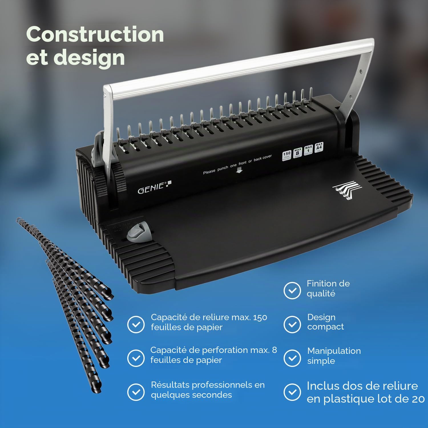 GENIE CB 820 Relieuse spirale 38 cm avec 20 peignes pour 150 feuilles et perforation 8 feuilles