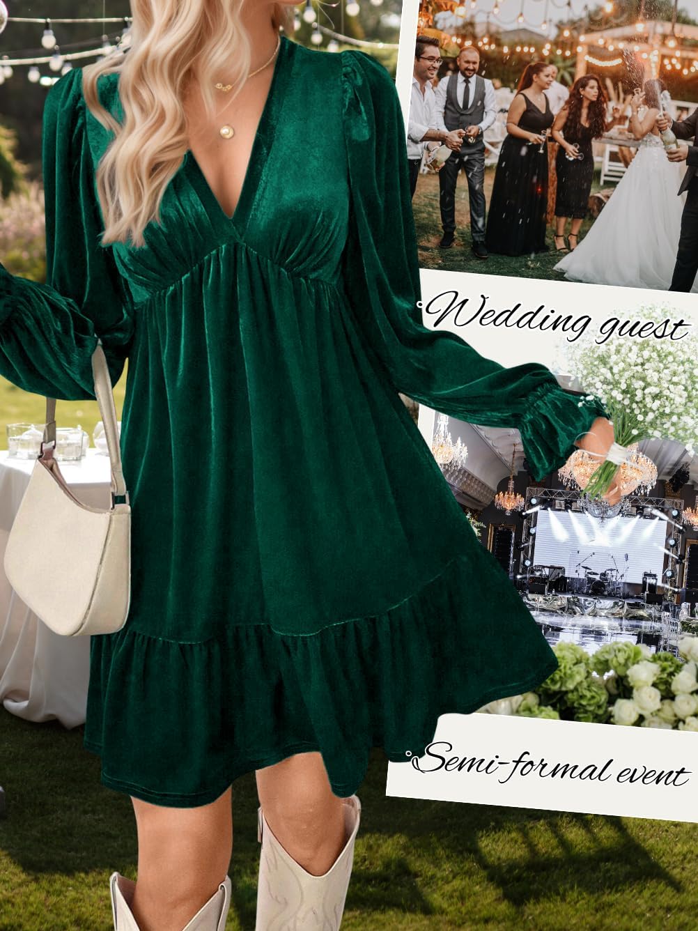 Women Velvet Mini Dress Wedding Guest,V Neck Long Sleeve Cocktail Dresses,Thanksgiving Christmas Holiday Party Outfit - Image 3