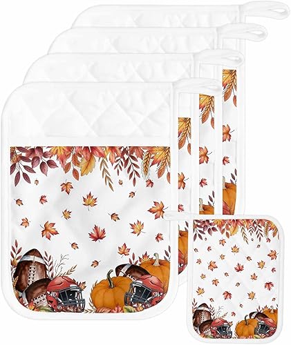 Miniatura 48 de Juego de 5 agarraderas de tela de toalla para cocina, antideslizantes y aislantes de calor, con bolsillo, guantes gruesos para horno, posavasos