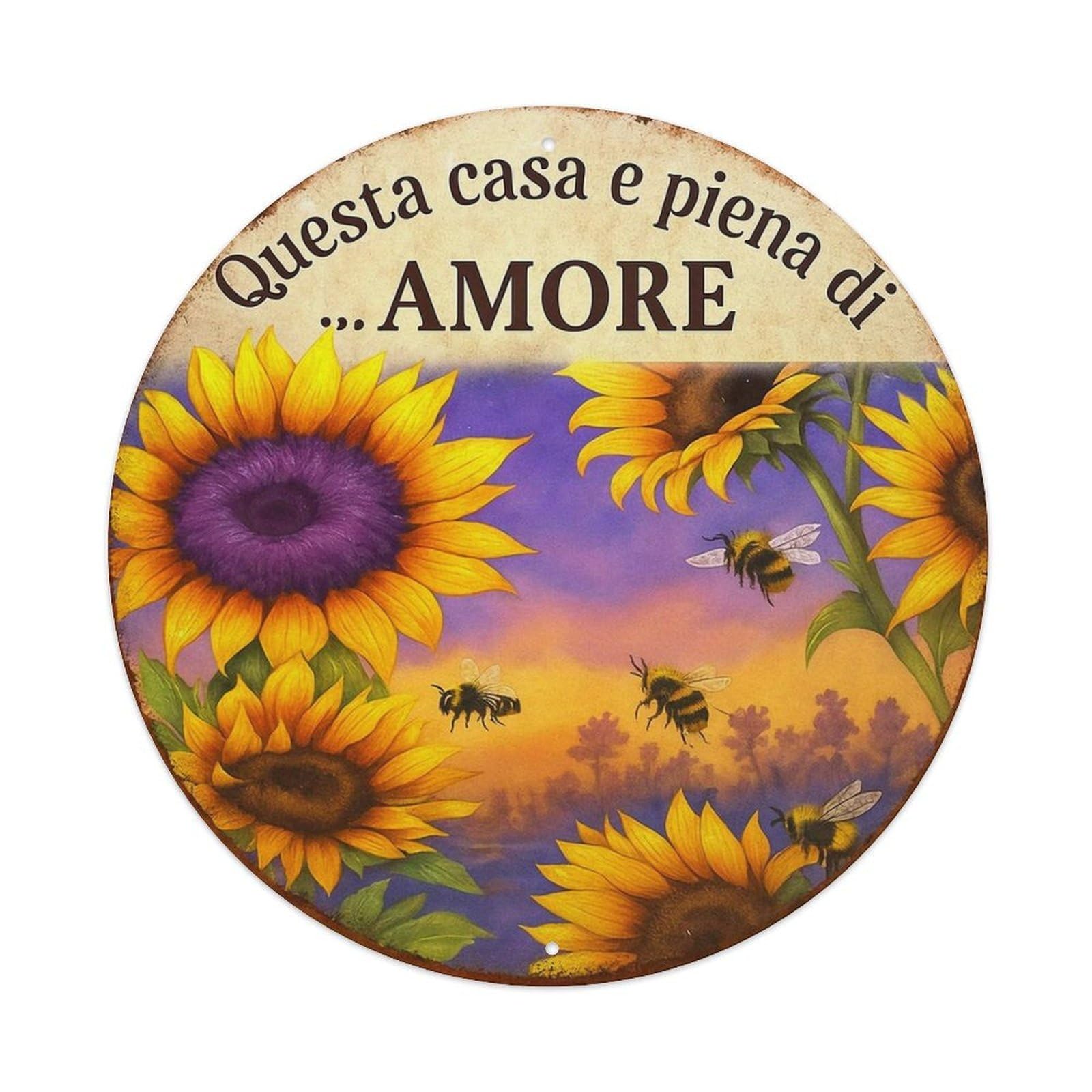 Sunflower Bees Sky Love Home Round Metal Tin Sign Vintage Wall Decor, Bar Garage Cafe Kitchen Home Wall Art Poster 8x8inches