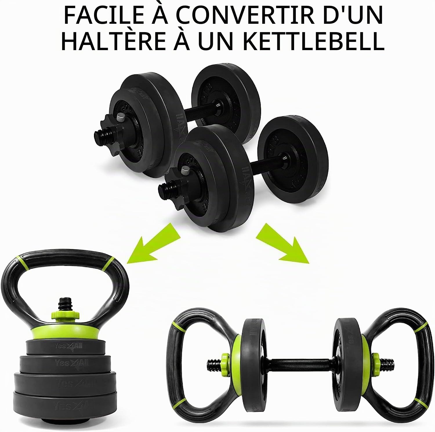 Yes4All Poignée Kettlebell Ajustable, Convertisseur de Disques avec Poignée Texturée pour Swings, Deadlifts, Squats, Lifts, Get-Ups et Snatches, Design Portable pour Salle de Sport à Domicile