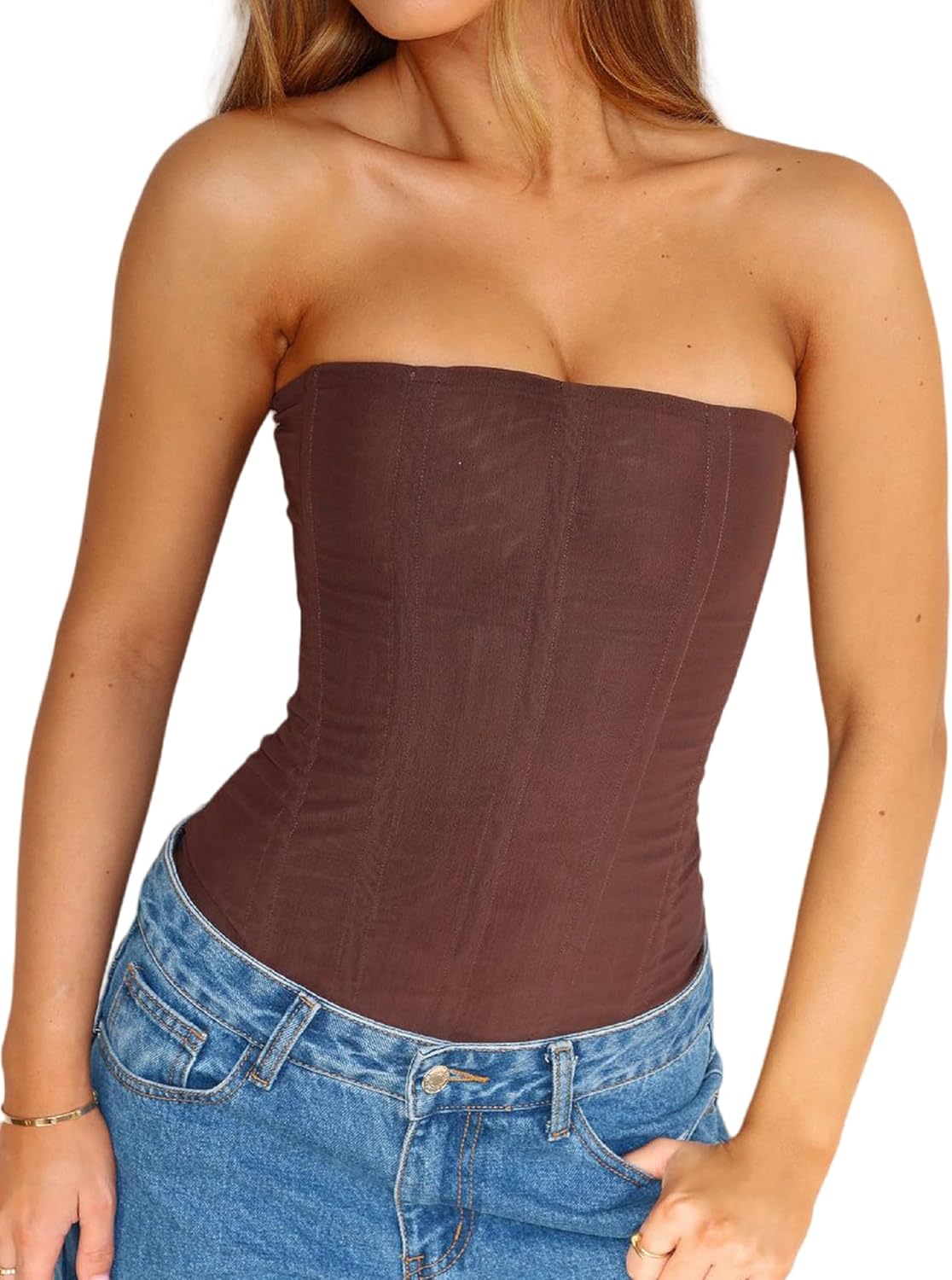 NJWTSDTZ Women Sheer Mesh Bustier Top Y2k Vintage Strapless Boned Corset Sexy Shapewear Tube Top Going Out Party Overbust