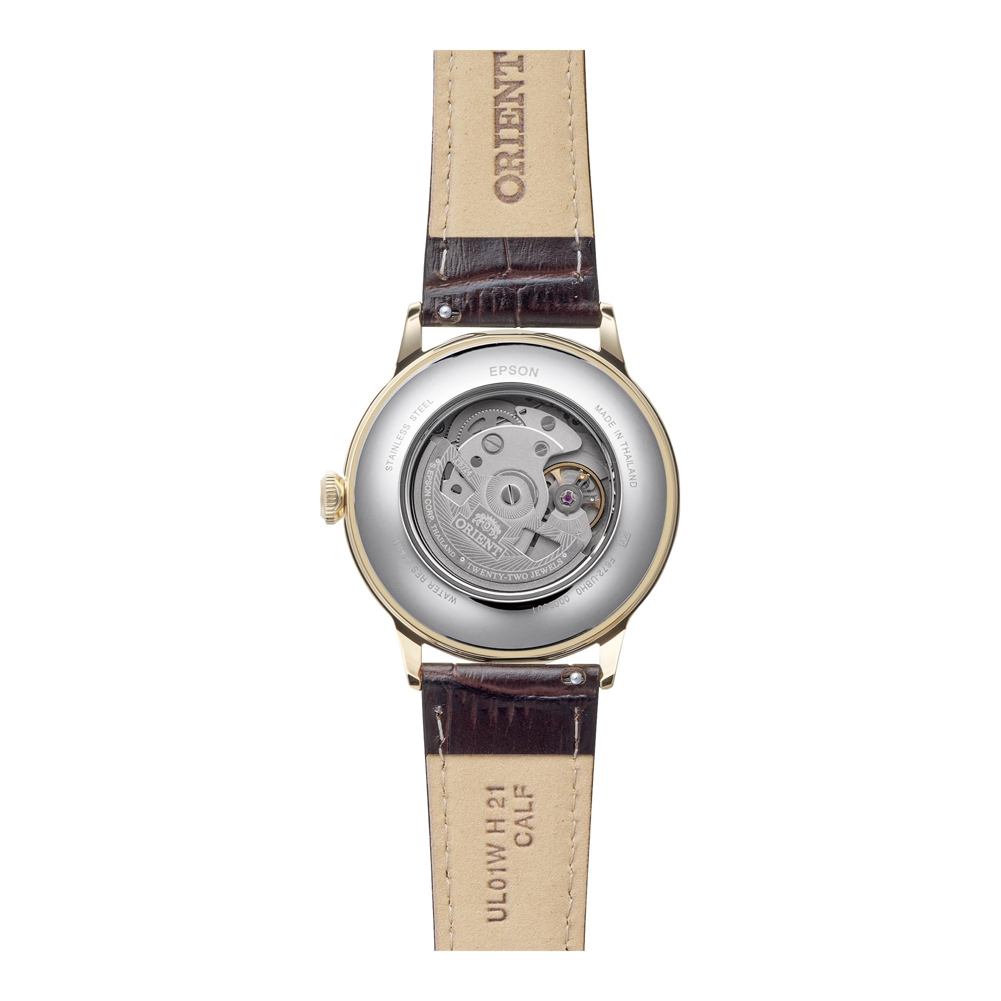 Orient Bambino RA-AC0028S30B 40,5 mm automatyczny mechaniczny męski zegarek do sukienki - biała tarcza, złota koperta ze stali nierdzewnej PVD, brązowy skórzany pasek, wypukły kryształ mineralny i