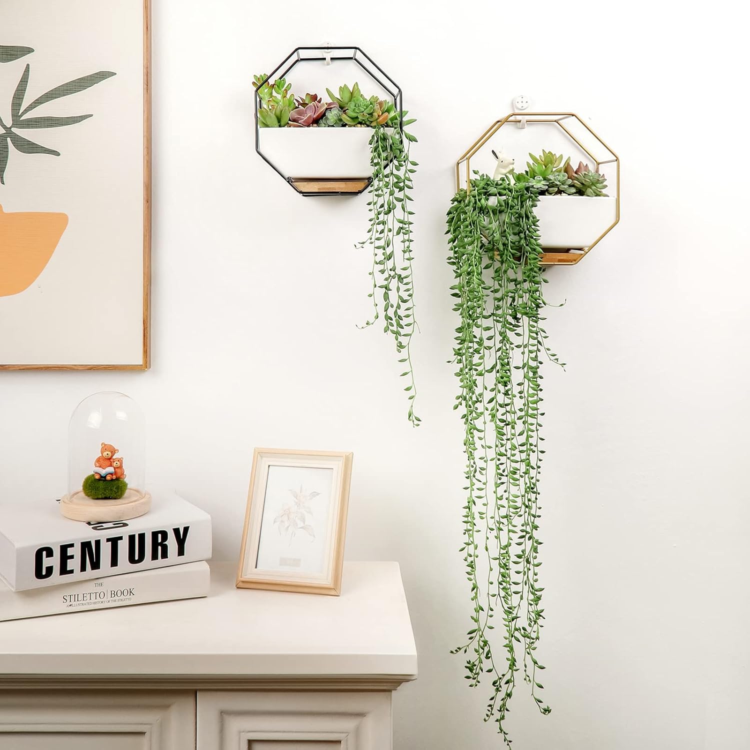 Ivolador Modern Wall Planter, Metal Wire Octagon Design Wall-Mounted Shelves with Ceramic Flower Pot, Air Plant Container Hanging Vase Desktop Succulents Planter-Golden : Patio, Lawn & Garden