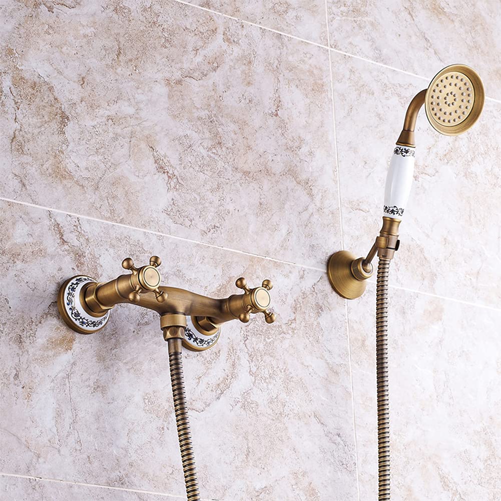 Grifo Bañera Con Alcachofa De Mano Mezclador De Bañera De Negro Latón Montaje En Pared, Incluye Soporte Y Manguera De 150 Cm, Dos Asas Grifo De Ducha, Antiguo