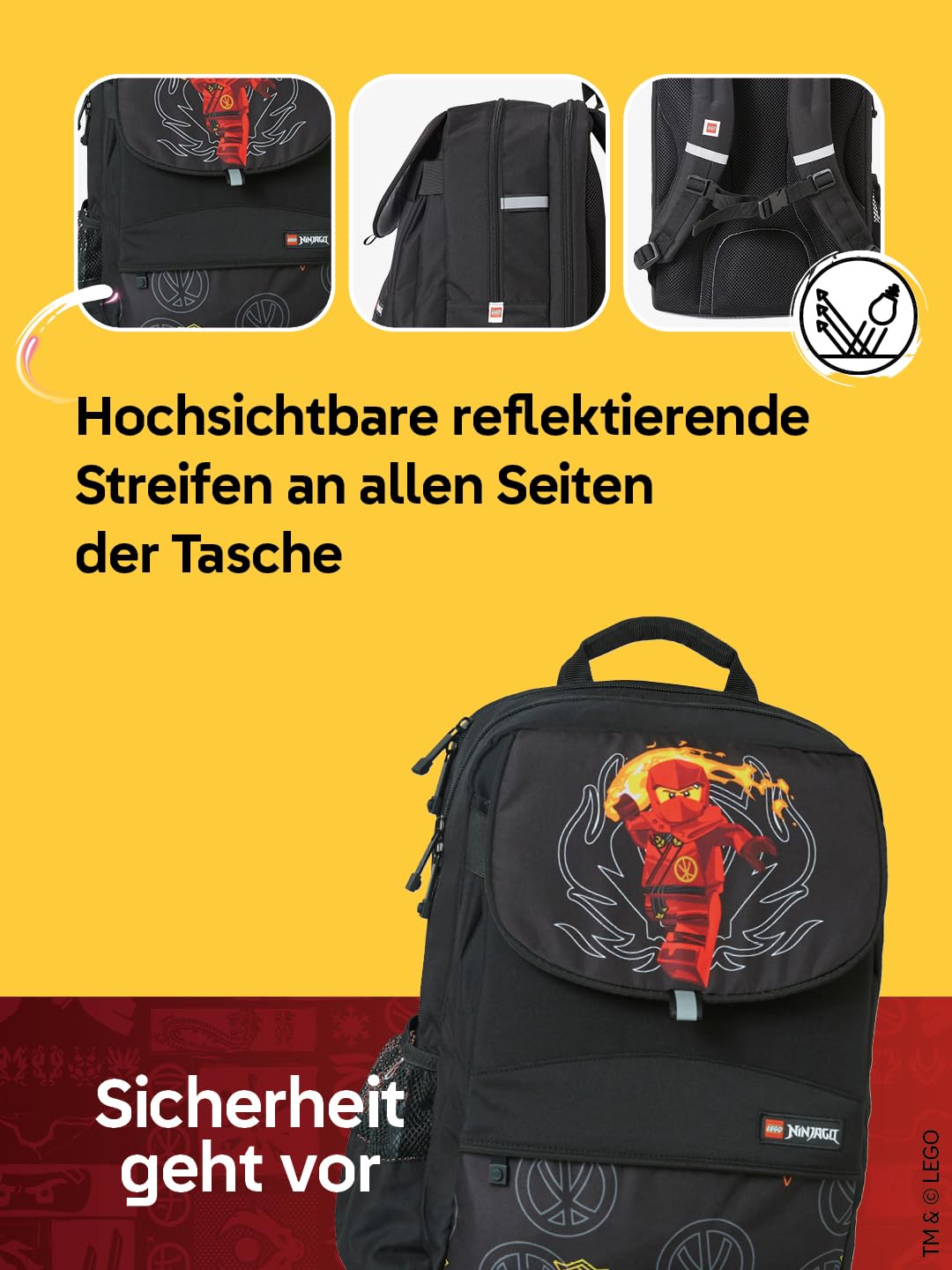 LEGO® NINJAGO® Schulranzen Jungen 1. Klasse Set Red –6-teilig LEGO NINJAGO Set mit Schulrucksack Jungen, Turnbeutel, Federmäppchen Junge, Geldbörse & Sporttasche