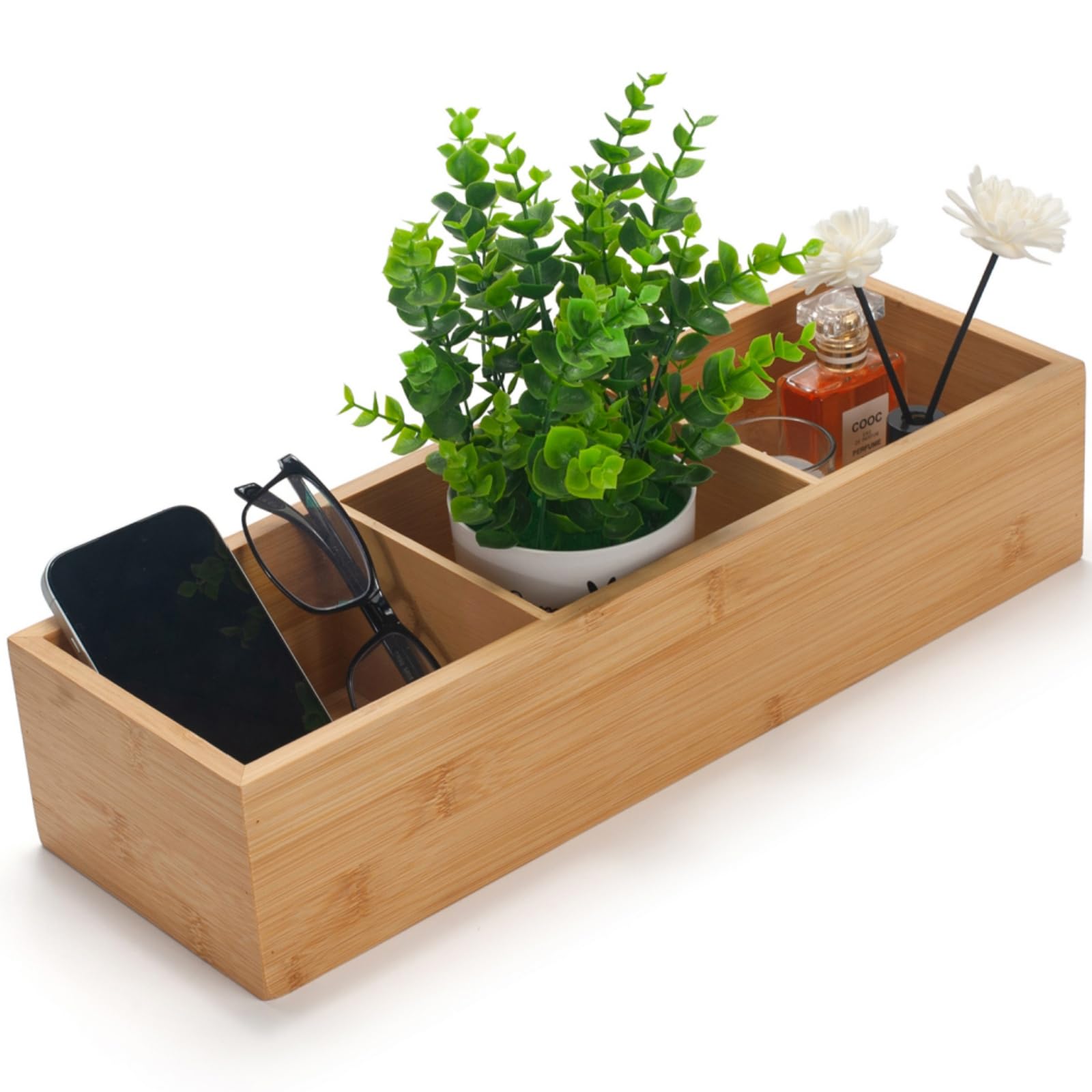 Bamboo Bathroom Basket, Wood Toilet Tank Basket, Wooden Storage Box With 3 Compartments for Bathroom Organizer (42 x 14 x 9 cm)