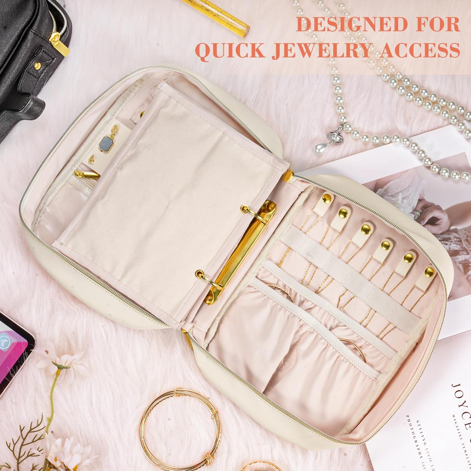 Travel Jewelry Organizer - Imitation Leather Travel Jewelry Case with Adjustable Pages, Jewelry Bag for Earrings,Rings,Necklaces,Bracelets-Perfect,Waterproof, Ideal for Trips & Gifts (Off-white) - Image 6
