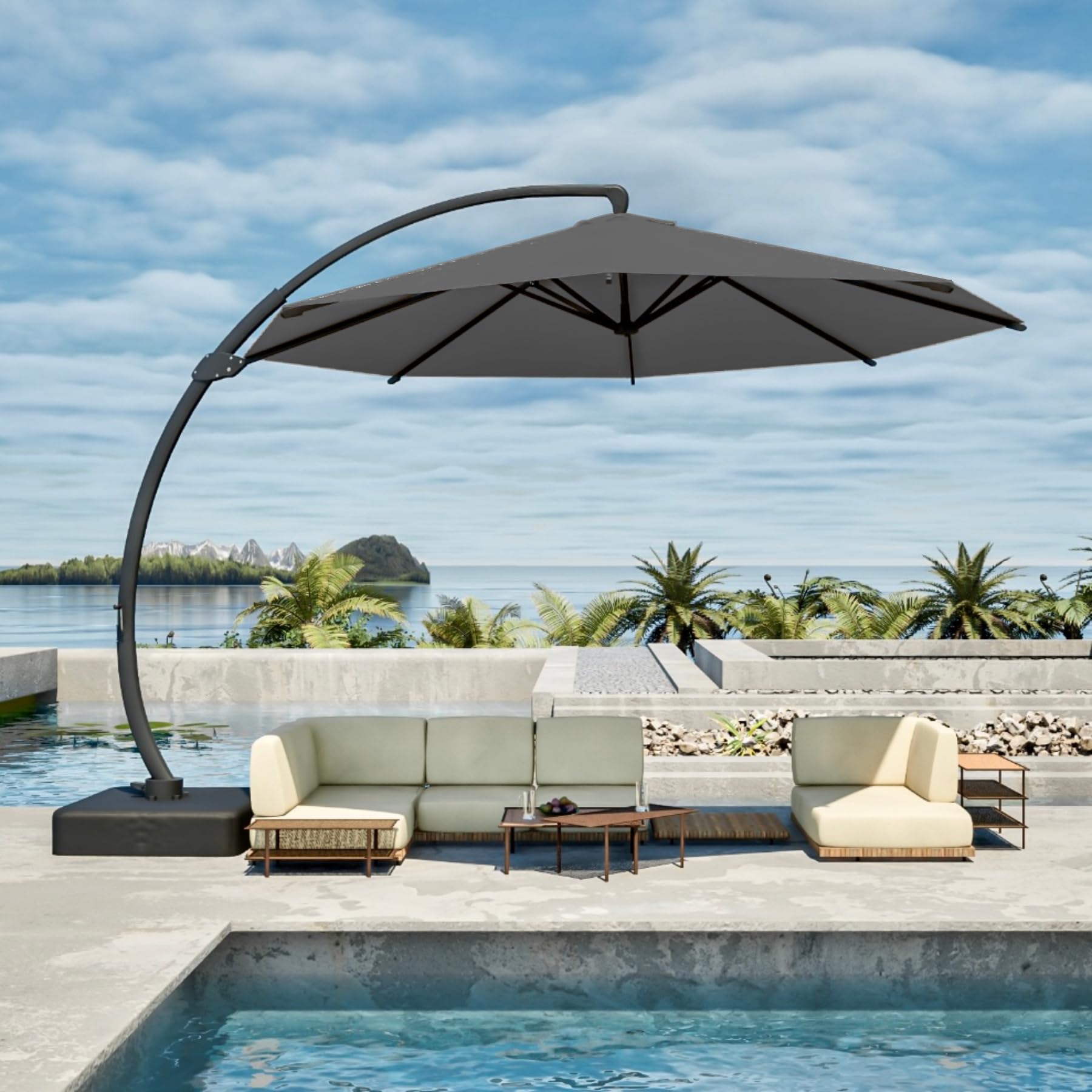 Patio Kingdom 11FT Cantilever Umbrella with Base Large Curvy Outdoor Aluminum Offset Umbrella w/ 360° Rotation, UV Resistant Canopy for Patio, Garden, Backyard, Gray : Patio, Lawn & Garden