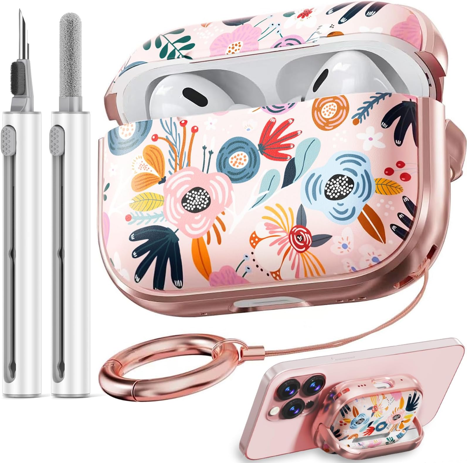 Inesore for AirPods Pro 2nd Generation Case Cover with Lock, Flowers Cute AirPod Pro 2 Case Hard iPod Pro Cases for Women Girls with Cleaner Kit for AirPod Pro Cases (2023 USB-C /2022/2019) - Pink