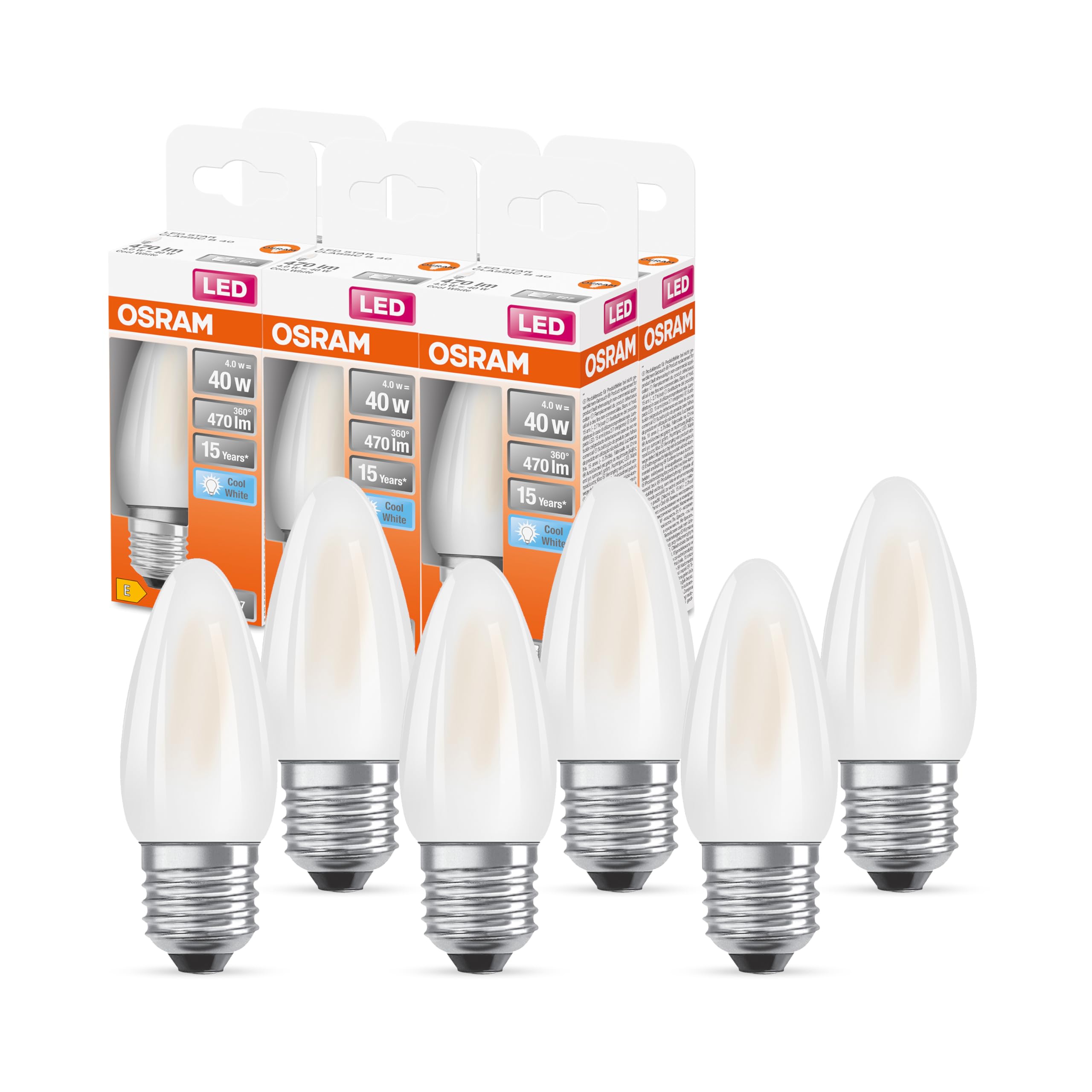 OSRAM Led Star Classic B40 Led Lamp for E27 Base, Candle Shape, Gl Fr, 470 Lumens, Cold White (4000K), Replacement for Conventional 40W Light Bulbs, Not Dimmable, 6-Pack