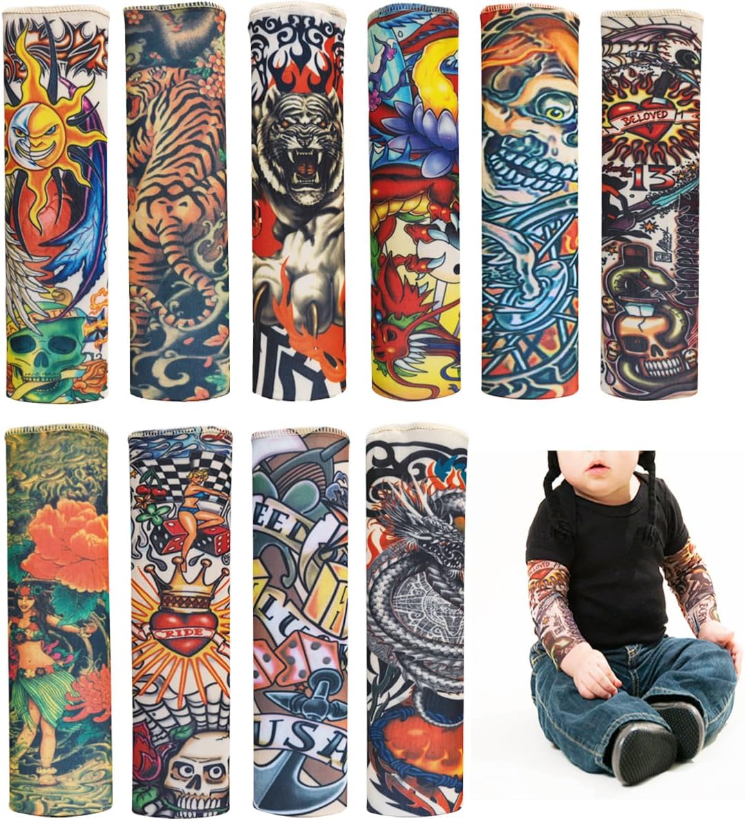 Temporary Tattoo Sleeves for Kids, 10pcs Fake Slip on Arm Sunscreen Sleeves