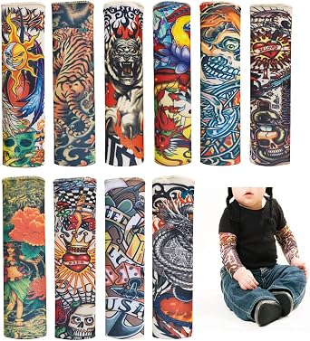 Kids Temporary Tattoo Sleeves, 10pcs Fake Slip on Arm Sunscreen Sleeves, UV Sun Protection