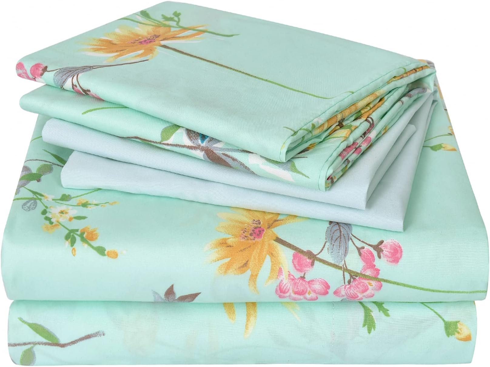 JSD Green Floral Queen Sheet Set 6 Piece, Soft Boho Printed Microfiber Bed Sheets Extra Deep Pocket, Oeko-TEX Certified
