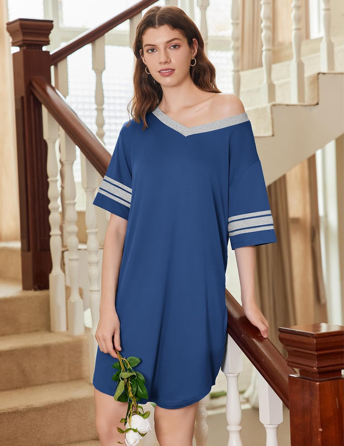 Ekouaer Nightgowns for Women 2 Pack Sleepshirts Short Sleeve Nightshirt V Neck Sleepwear Casual Pajama Dress - Image 3