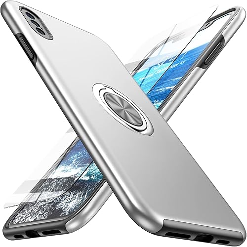 Funda compatible con iPhone Xs Max con protector de pantalla de vidrio templado, funda híbrida 2 en 1 protectora delgada con anillo magnético