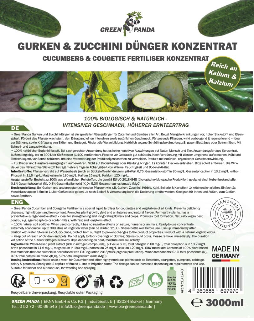 GreenPanda Gurken & Zucchini Dünger - 3L Stickstoffdünger flüssig - Phosphor Kalium - Gurkendünger flüssig verbessert die Ernte & intensiviert den Geschmack (3 Liter)