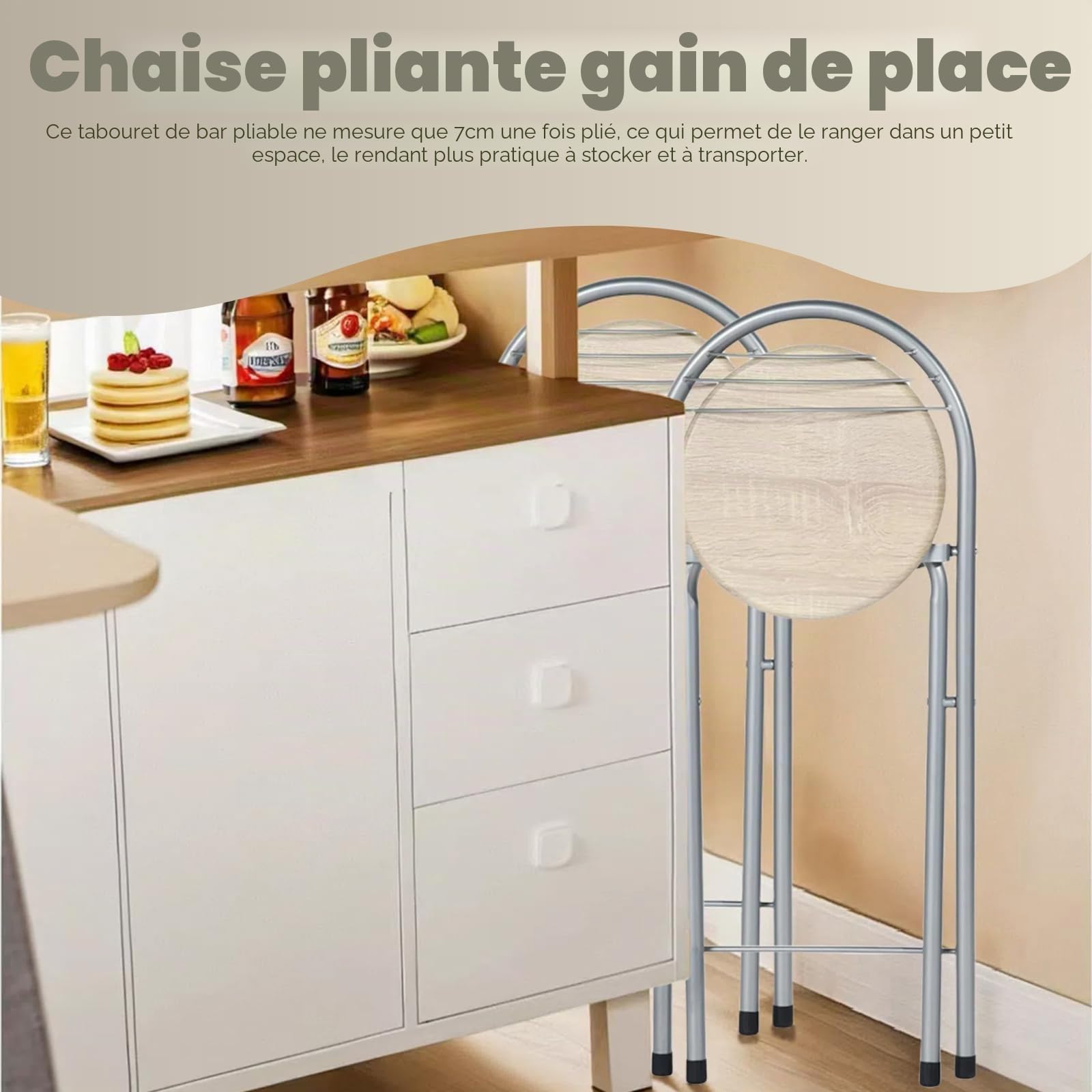 Tabourets Bar Pliants Lot de 2,sans Assemblage,Tabourets de Bar d'Extérieur Portables pour Cuisines,Bistrots,Evènements Extérieurs, Hauteur Assise 61cm(Grain de Chêne et Argent)