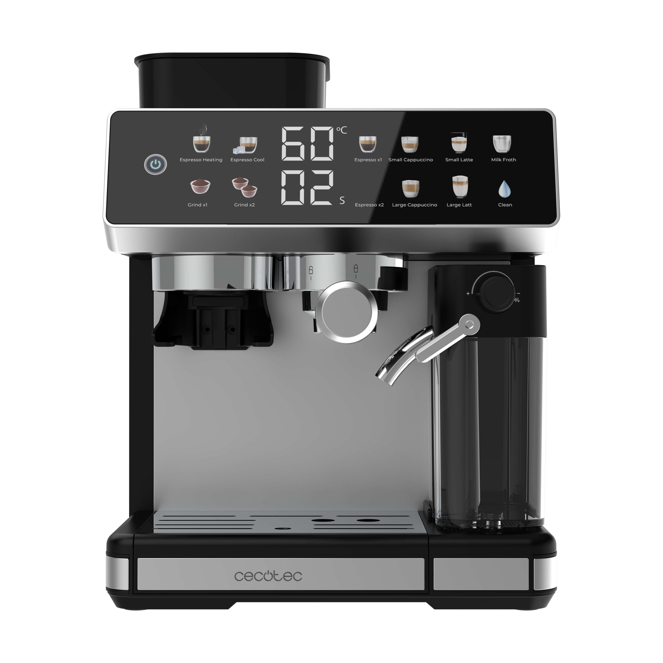 Cecotec Barista Power Espresso 20 Barista Grind & Latte. 1350W, 20 Bars, Conical Grinder, 2.6L Water Reservoir, 100g Coffee and 500ml Milk, Touch Screen, Self-Cleaning, Custom