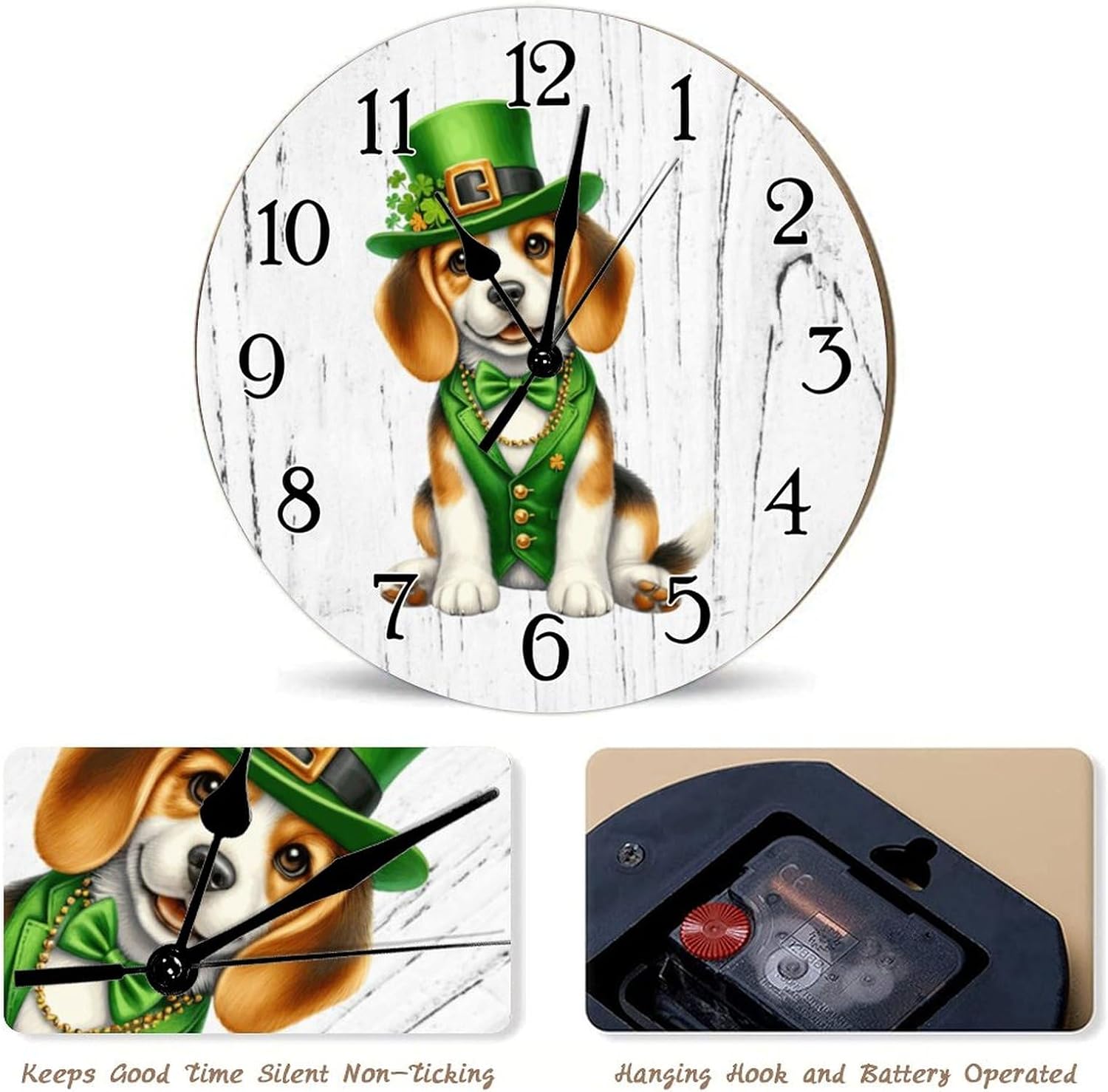 Beagle Dog Green Leprechaun Hat Leaf Clocks Beagle Dog St. Patrick's Day Wooden Wall Clocks Battery Operated Round Clock Gift for Dog Mom Art Clock for Living Room Bedroom 15x15in