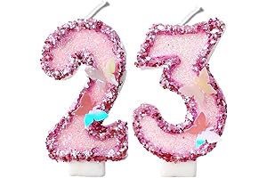 2.8" Pink Butterfly Glitter Number Candles: 23rd Birthday Decorations
