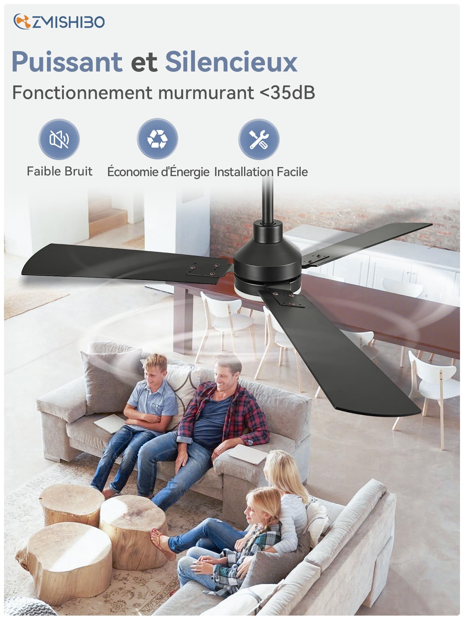 ZMISHIBO Ventilateur de Plafond avec Lumière LED 132 cm, Télécommande, Moteur DC Réversible, 6 Vitesses, 3000K-6000K