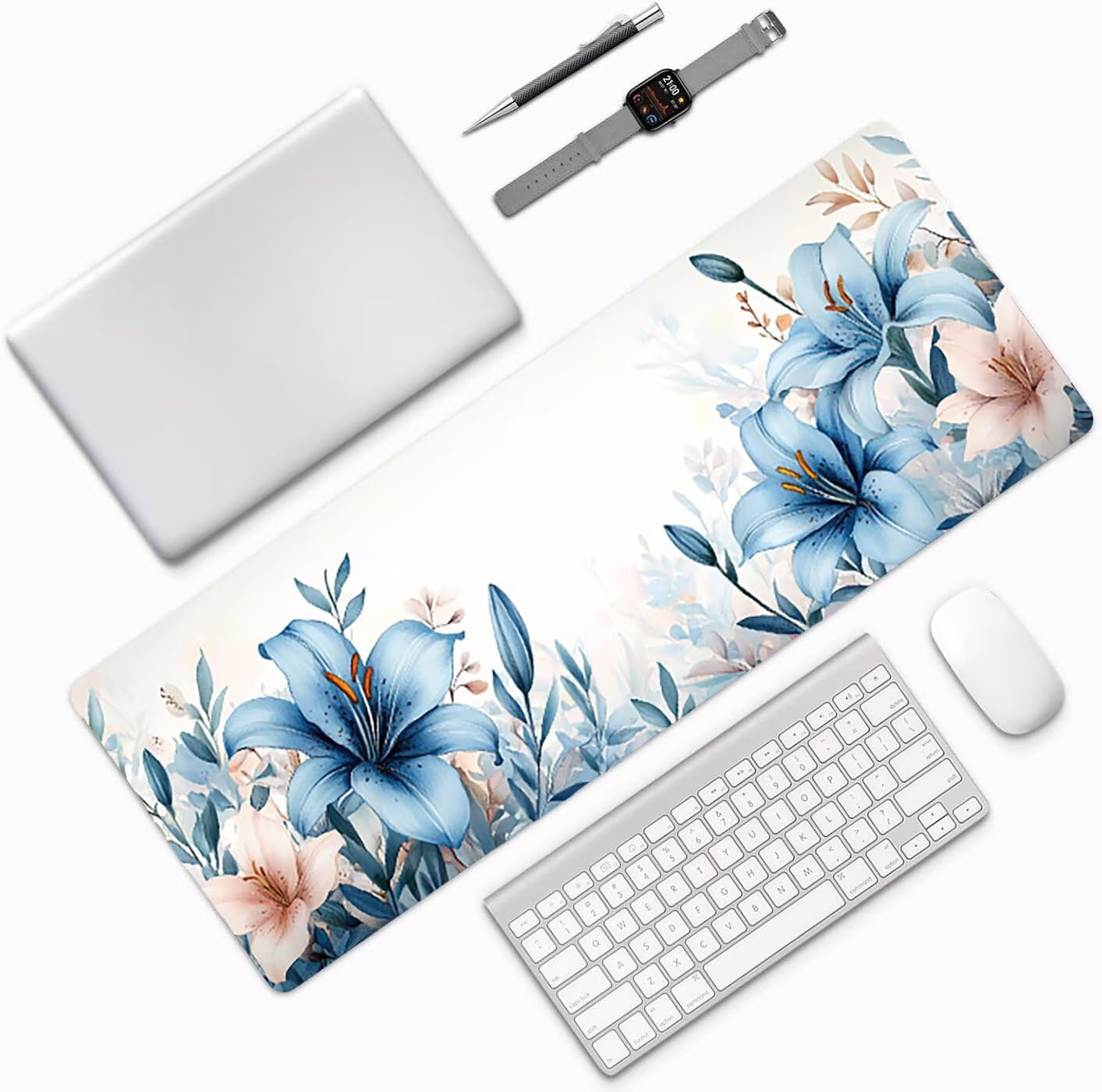 Lpfieonn Blume Großes Schreibtischunterlage, XXL Schreibtischunterlagen, Weiß XXL Wasserdicht Gaming Mousepad mit Vernähter Rand und Rutschfeste Gummibasis, für Laptop/Hause/Büro 120x60cm PF-1637