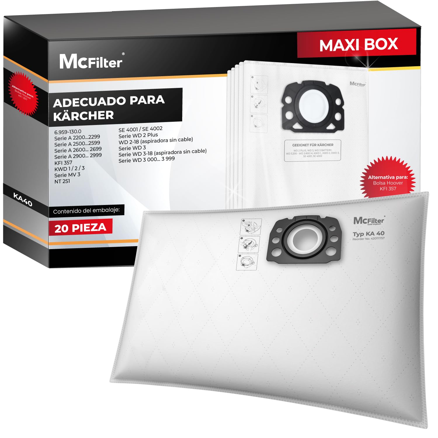 McFilter | 20 Bolsas de aspirador compatibles con Kärcher WD2 WD3 KWD1 KWD2 KWD3 WD3.200 - WD3.800 WD 3 V-17/4/20 M/SE4001/SE4002, se adapta a KFI 357 2.863-314.0