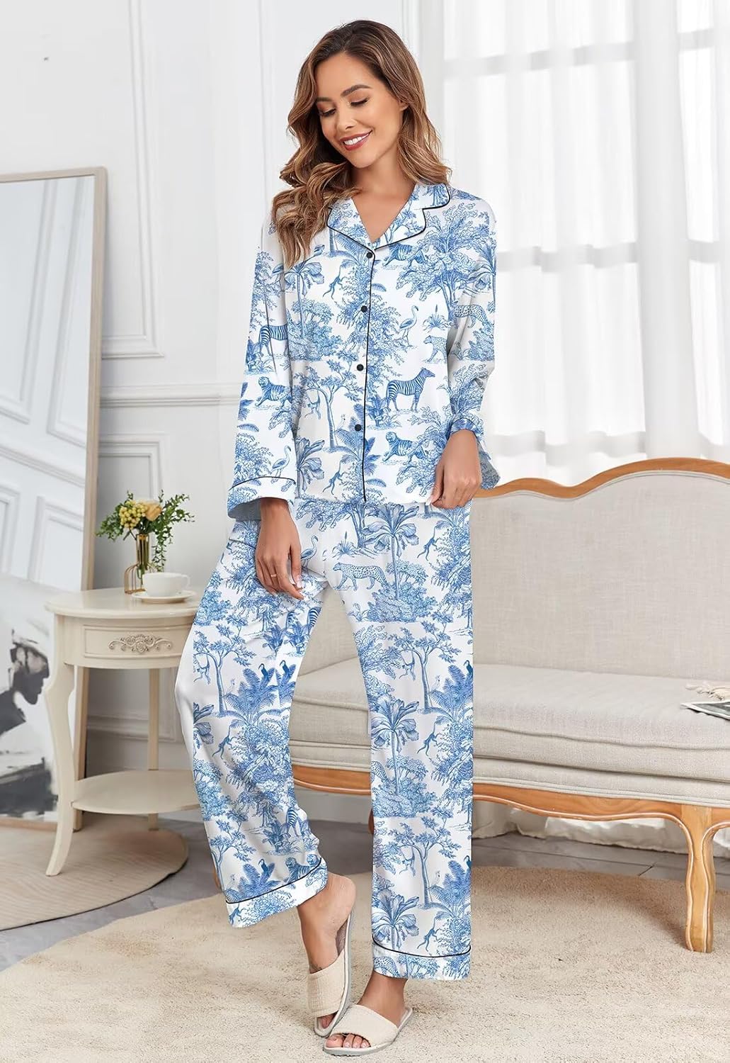 Brosloth Women's Silk Satin Pajamas Pjs Sets Cute Lace Pattern Two Piece Loungewear Set Button Up Pajamas Sleepwear Black